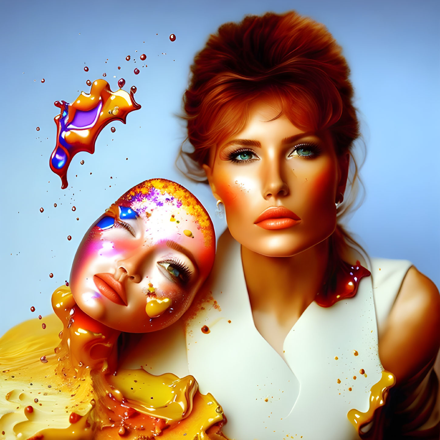 Colorful digital art of two women with liquid splashes blending into faces