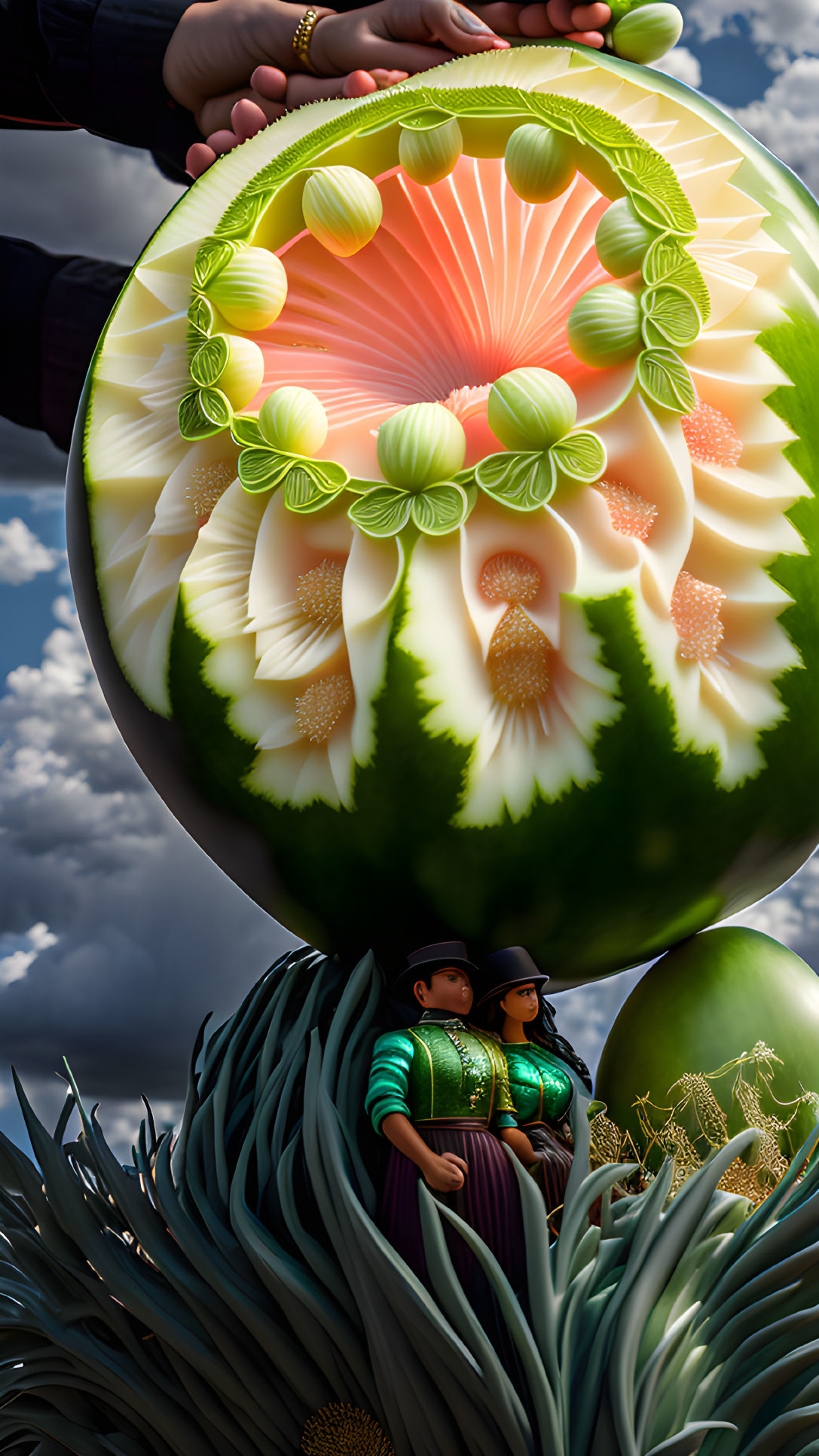 Intricately Carved Watermelon Display with Traditional Attire Couple