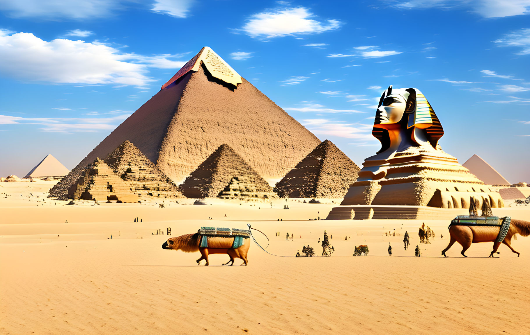 Ancient Pyramids of Giza and Sphinx with Camels in Desert