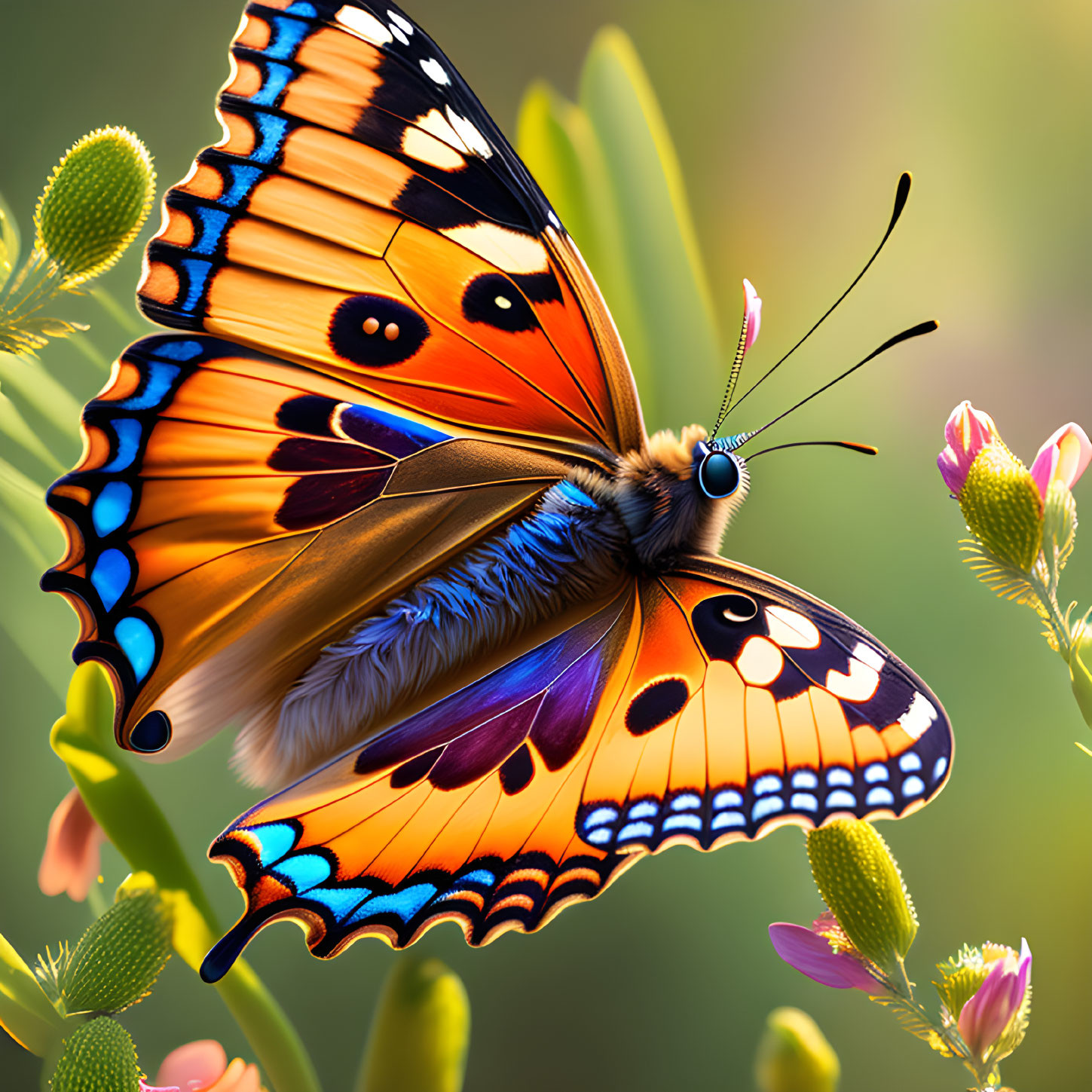 Colorful Butterfly on Pink Flowers with Bokeh Green Background