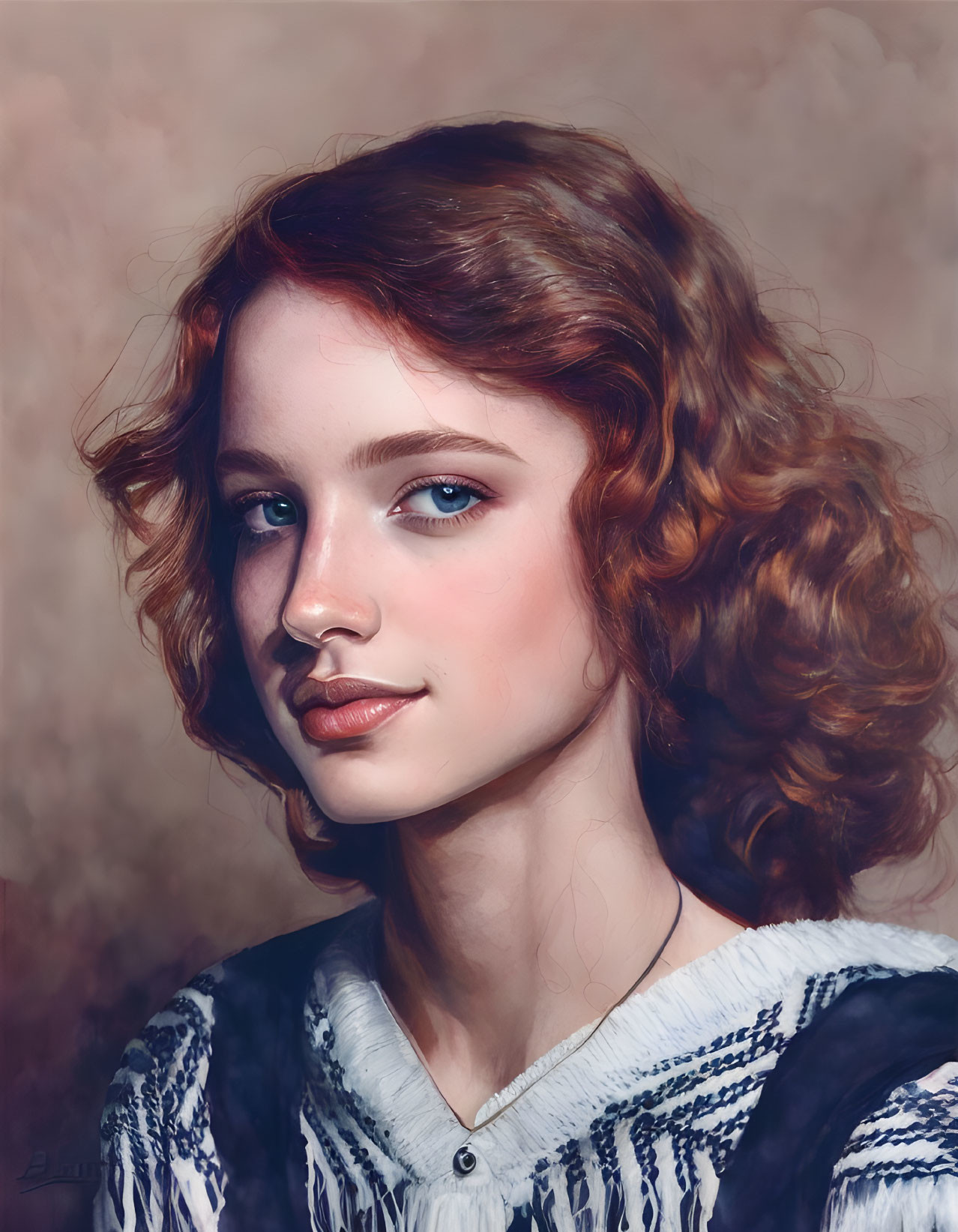 Young female digital portrait with wavy brown hair and blue eyes in black and white sweater