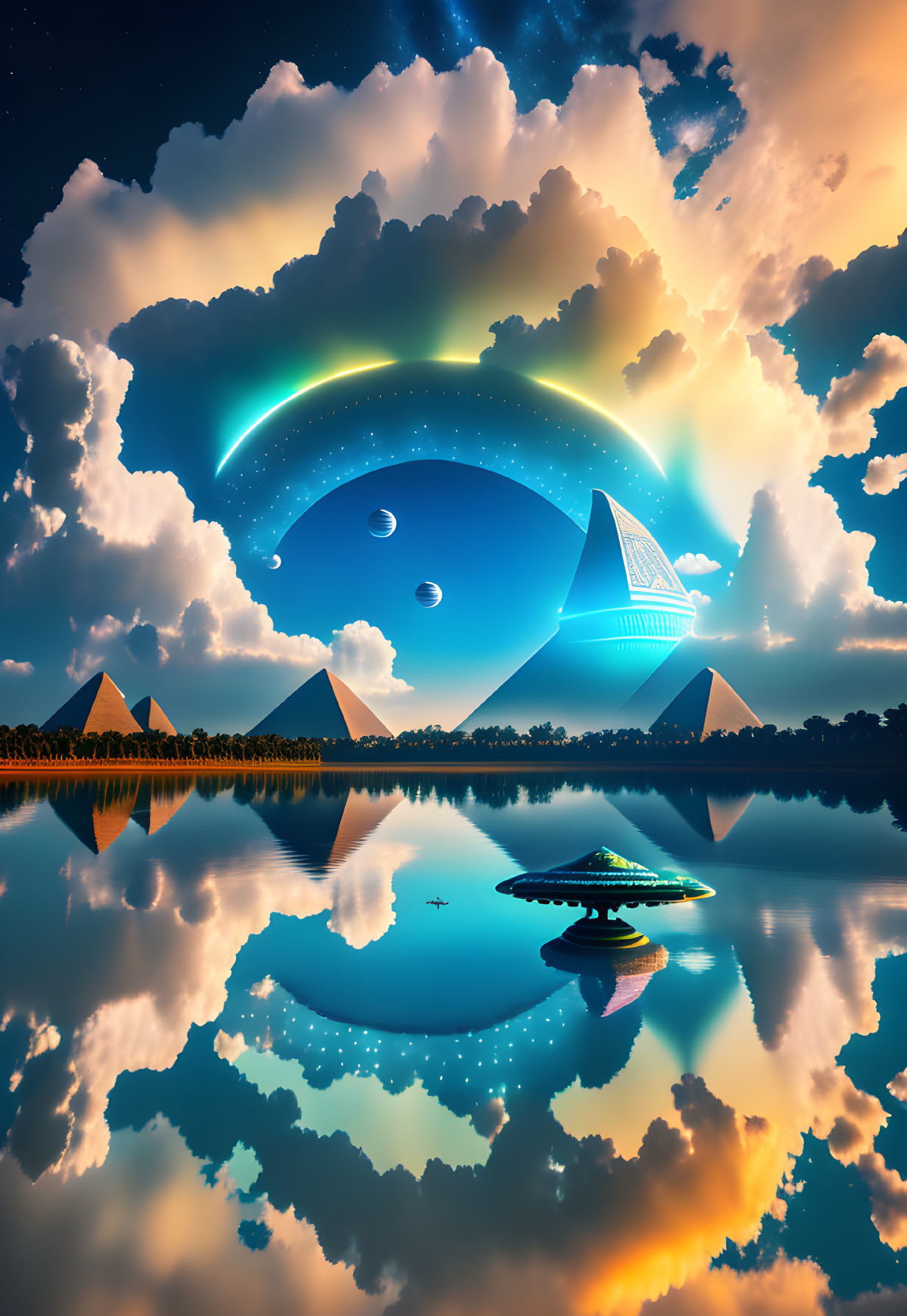 Futuristic spaceship over pyramids at sunset with surreal sky