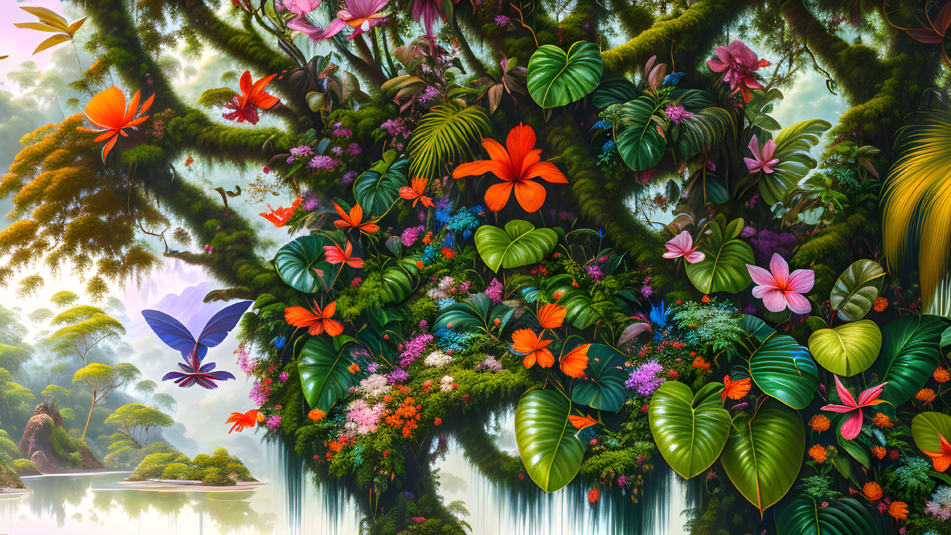 Colorful Jungle Scene with Flowers, Butterflies, and Waterfall