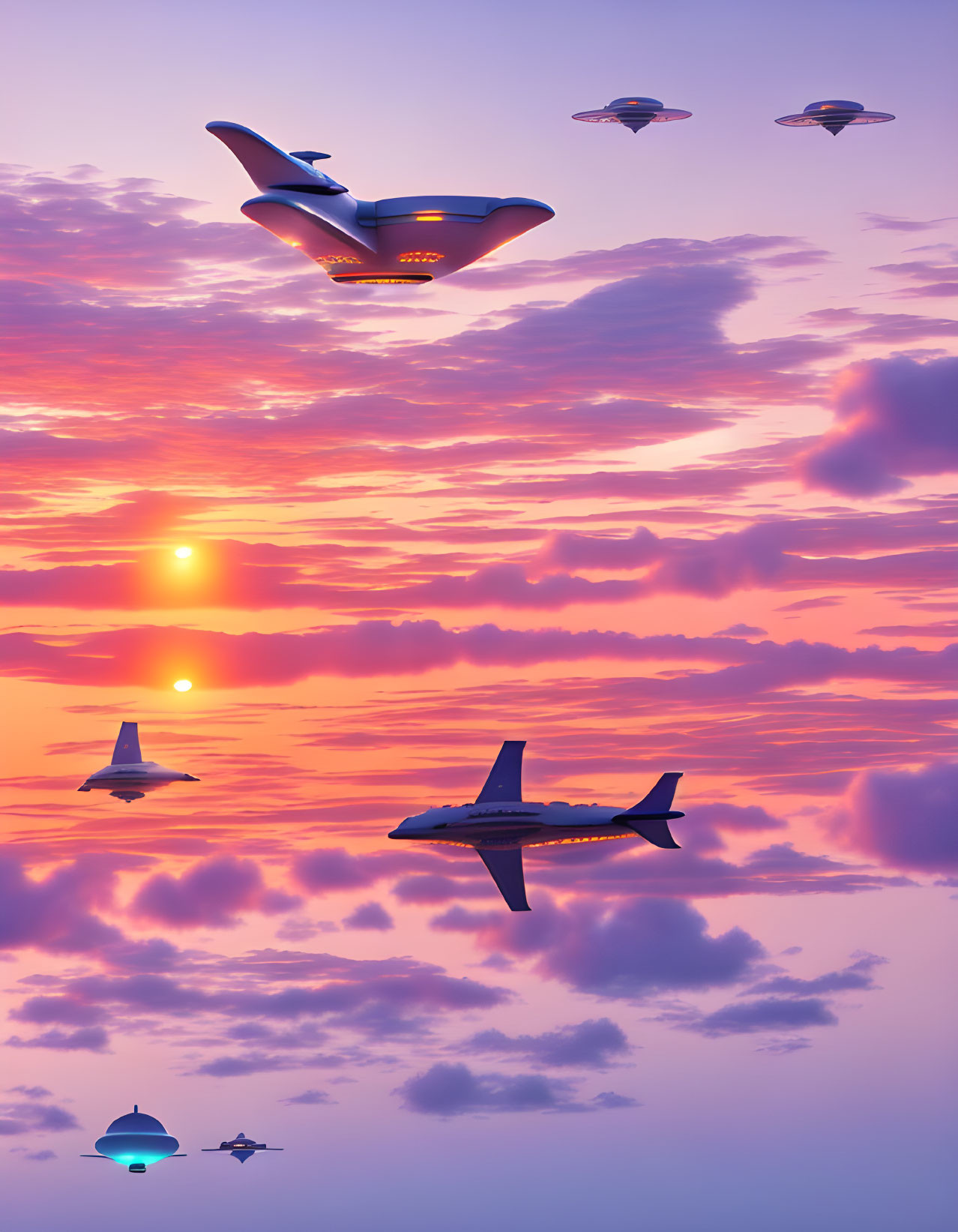 Futuristic aircraft and UFOs flying above colorful sunset clouds