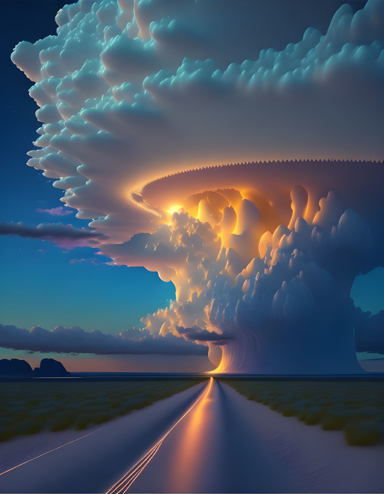 Surreal landscape with road and towering cloud formation