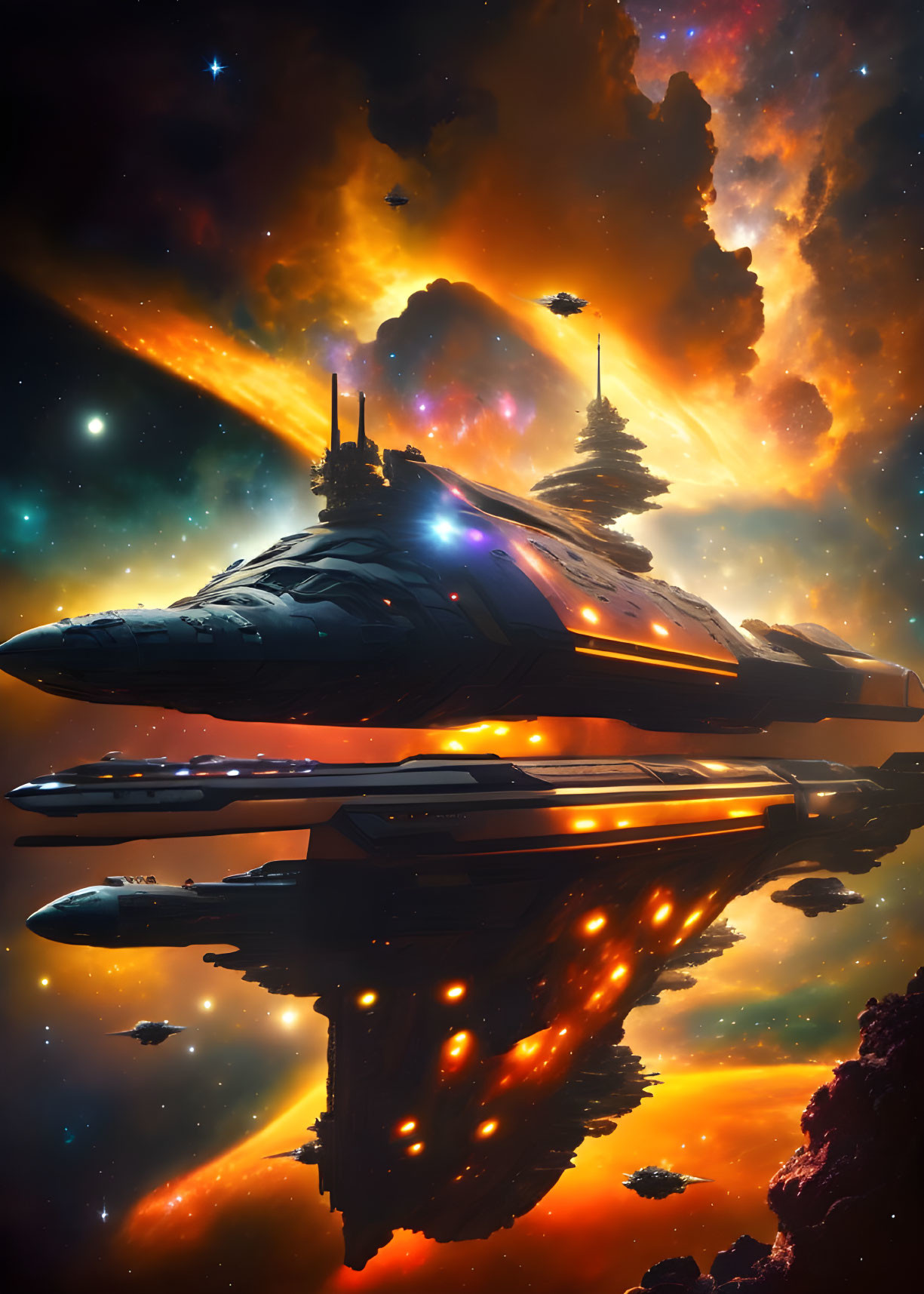 Futuristic spaceship with orange and blue lights in cosmic scene