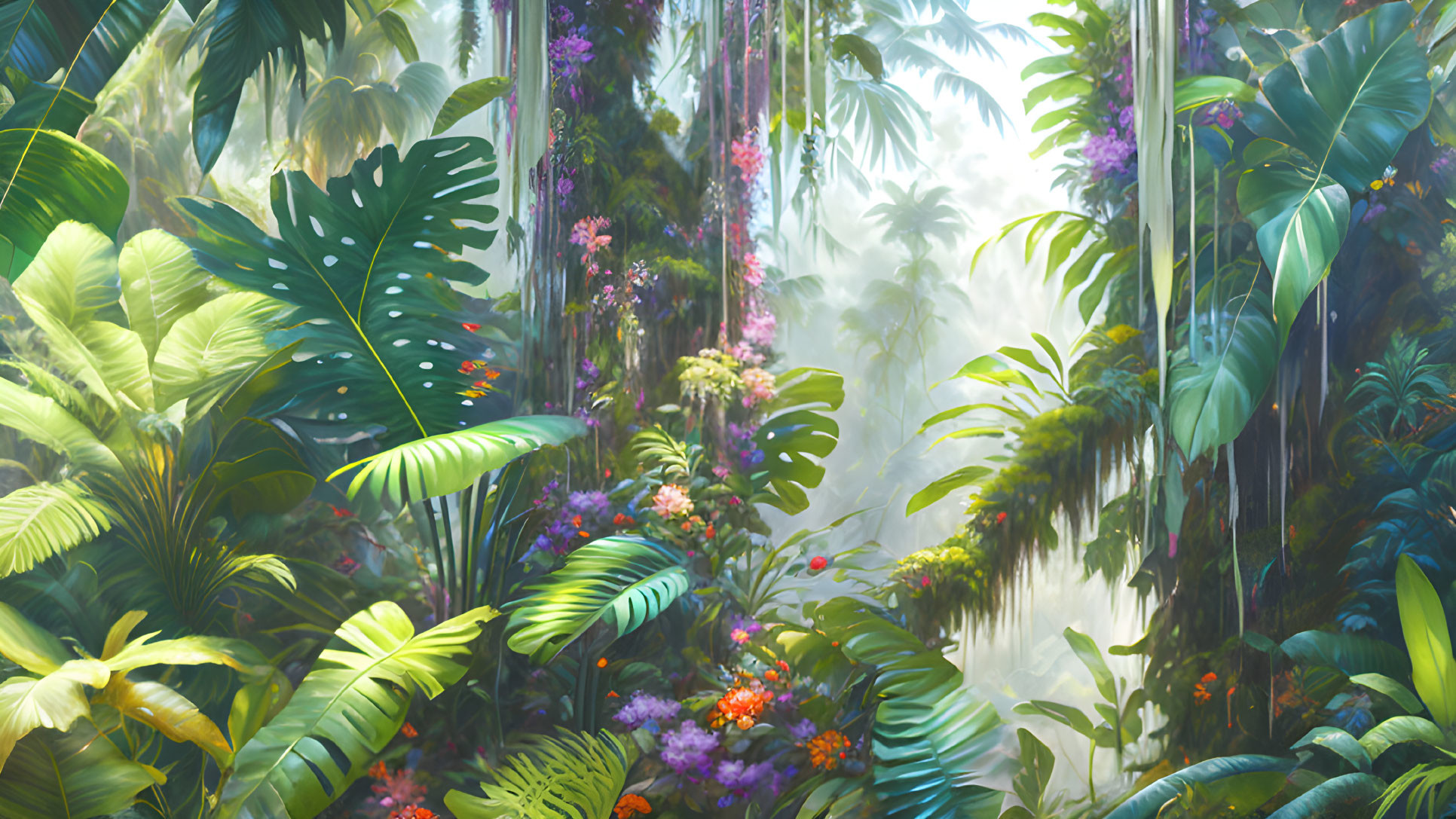 Vibrant green foliage and purple flowers in misty tropical forest