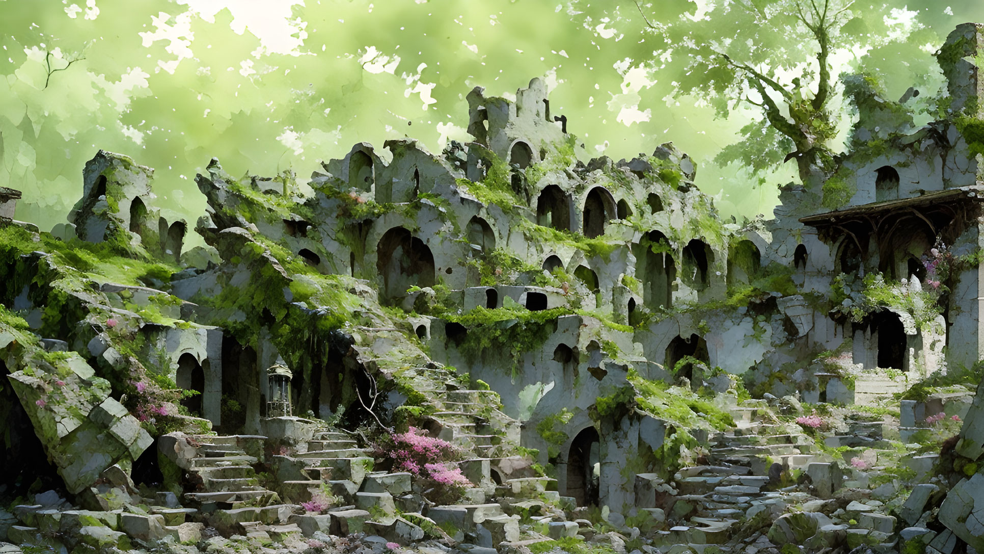 Ancient ruin with arches and staircases surrounded by green foliage and pink flowers