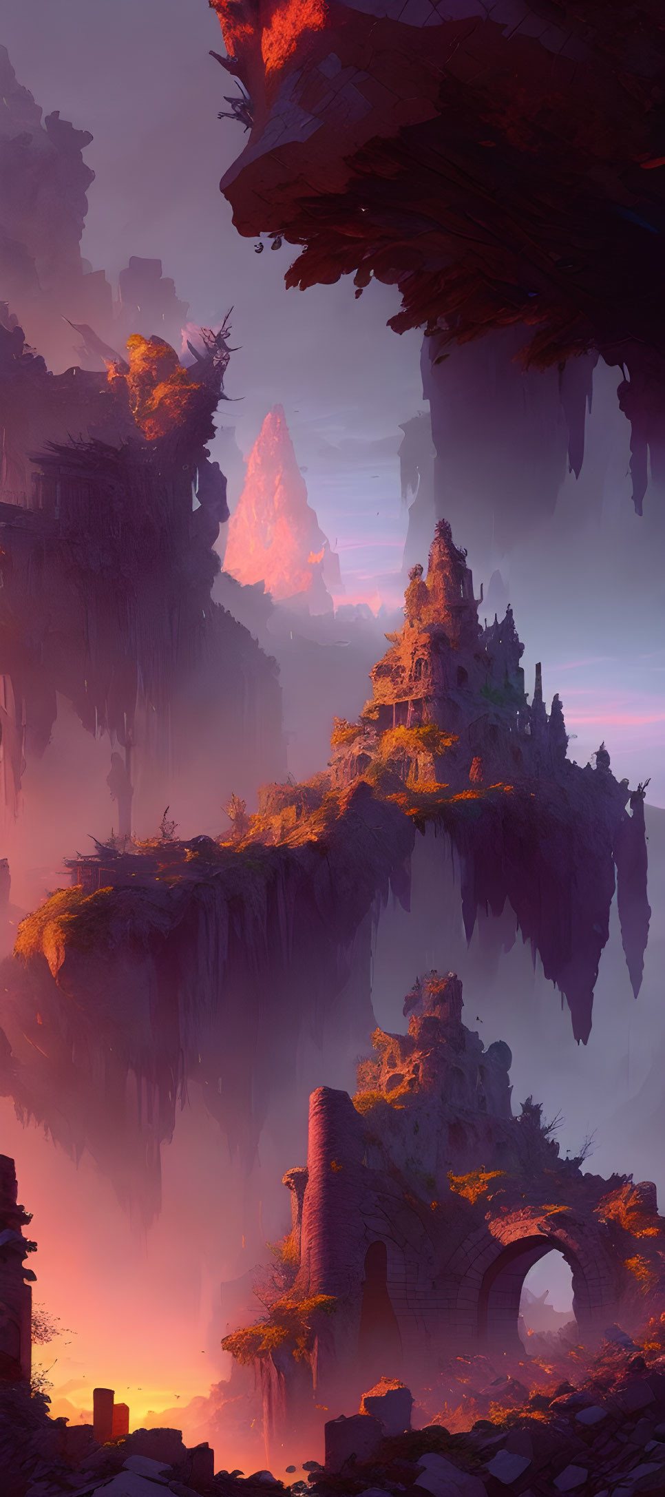 Fantastical landscape with floating islands and glowing crystal peak