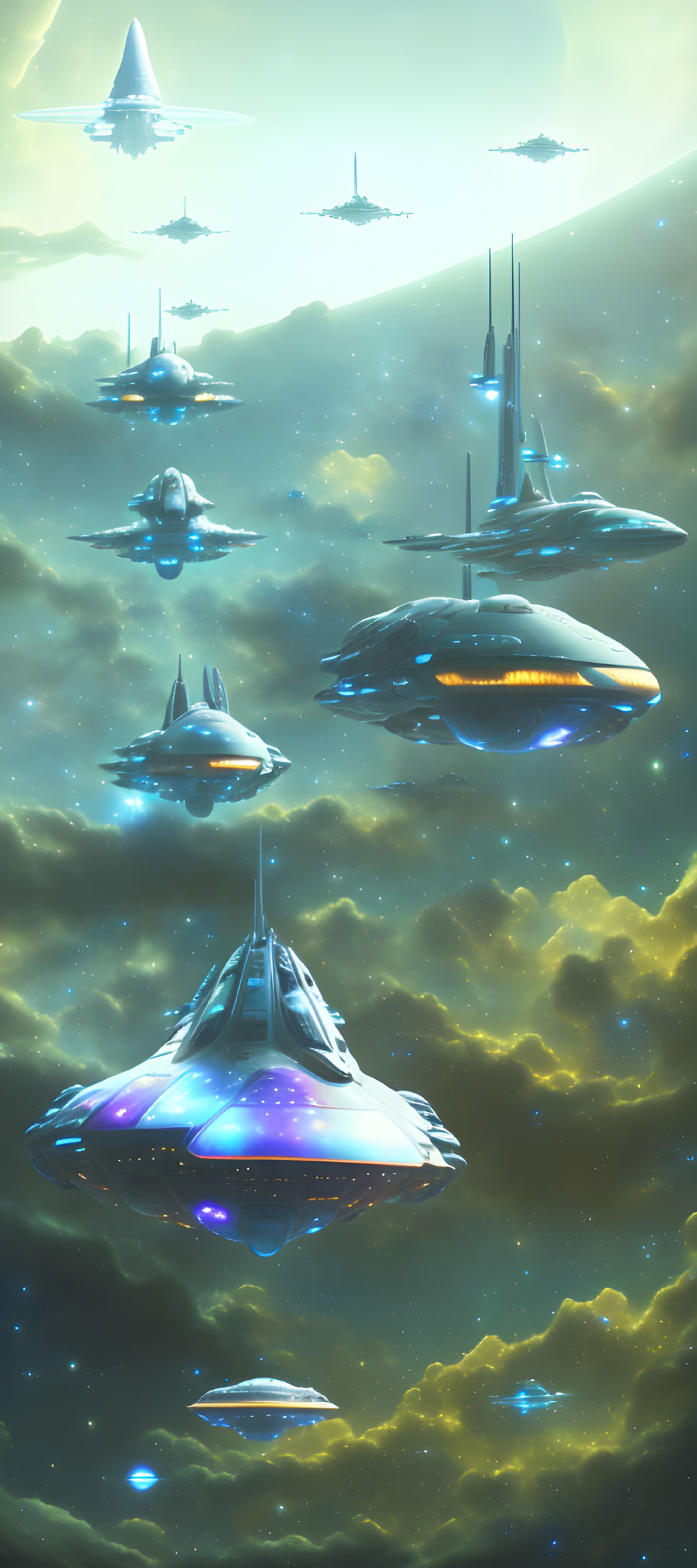 Futuristic spaceships over alien landscape with mountains