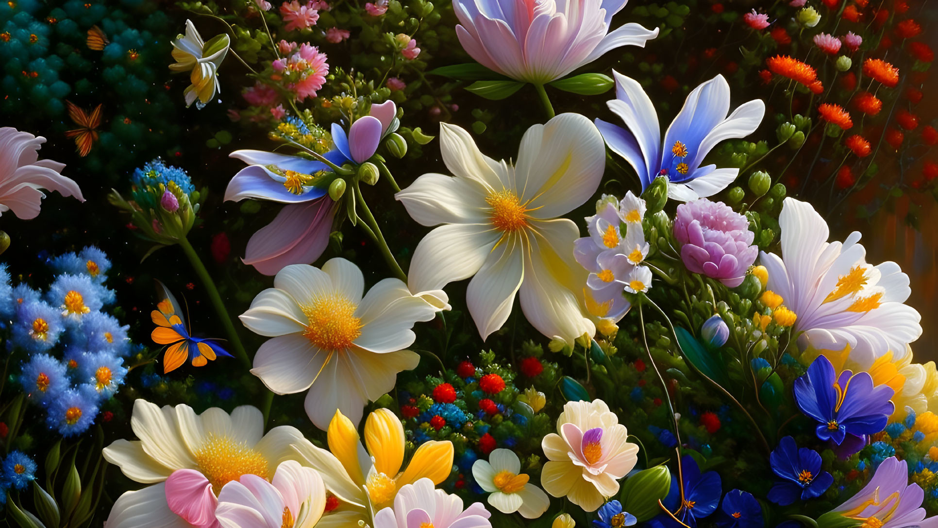 Colorful Blooming Flowers Array on Dark Background