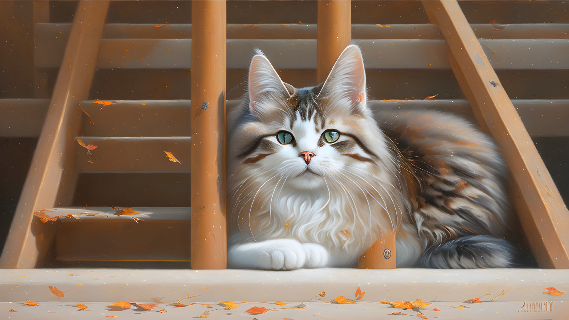 Fluffy cat with green eyes on wooden staircase with fallen leaves