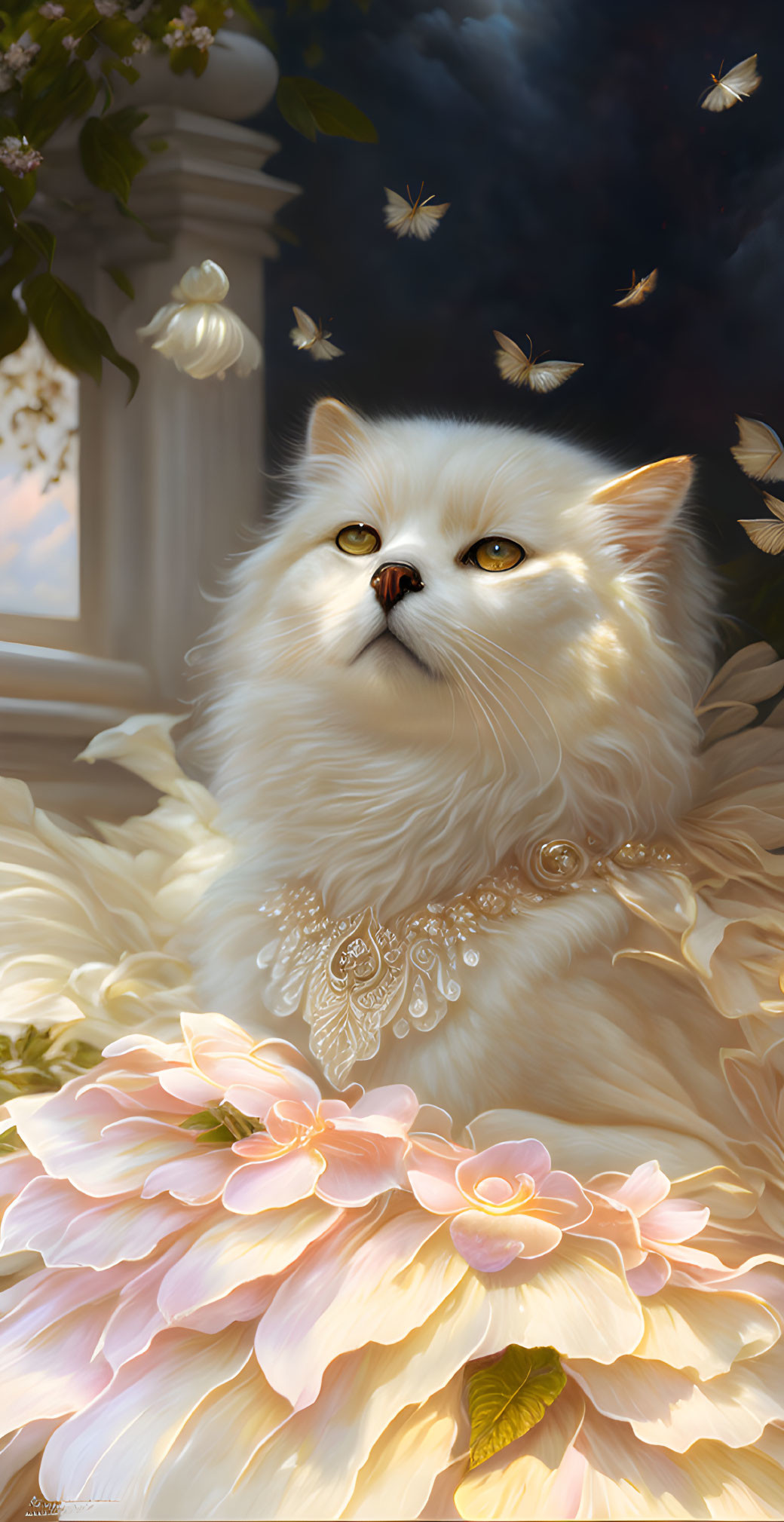 White Long-Haired Cat with Amber Eyes in Floral Setting