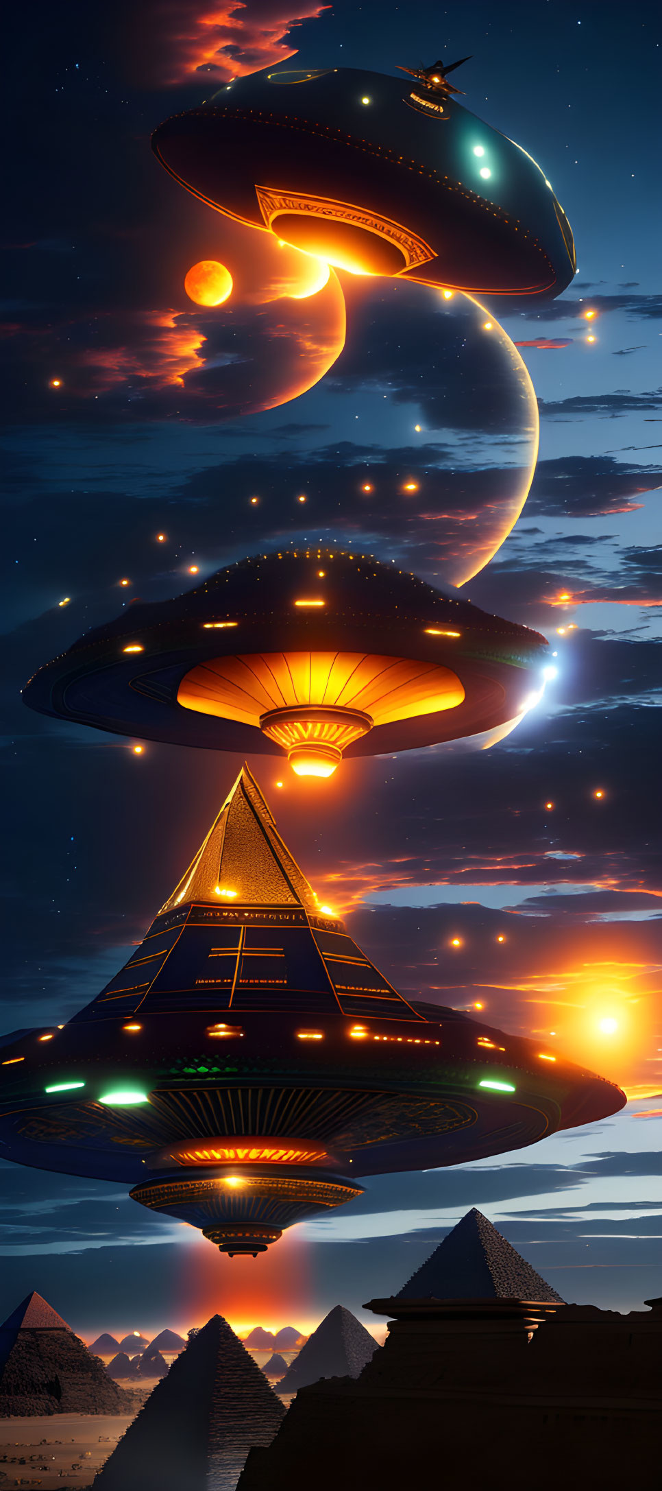 Futuristic UFOs above Egyptian pyramids at dusk