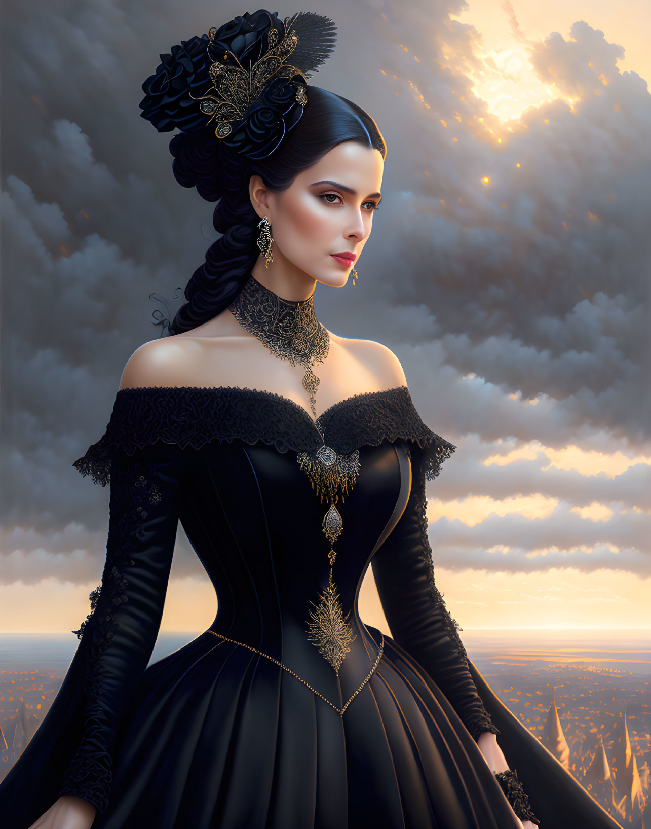 Digital portrait: Woman with sleek hair, black flowers, elegant dress, lace details, dramatic sky.