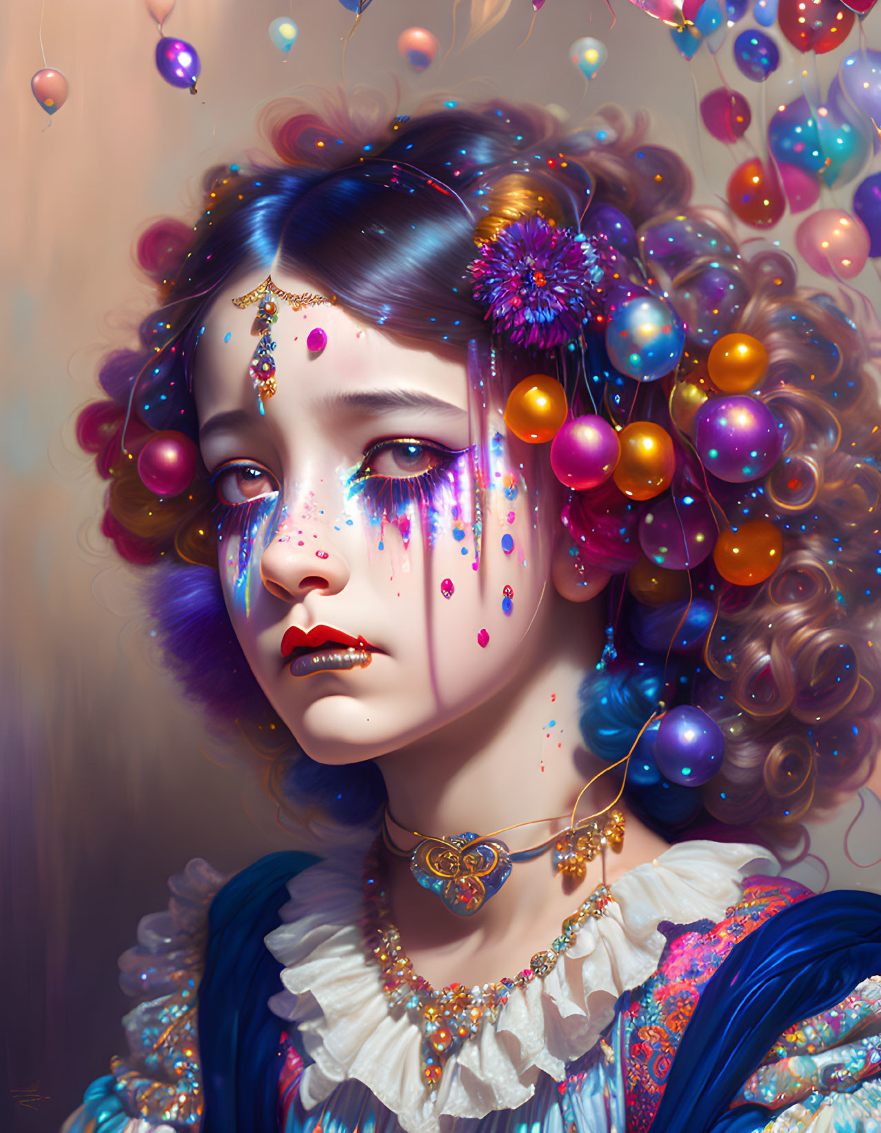 Colorful stylized portrait of a melancholic girl with vibrant beads, paint drips, and floral