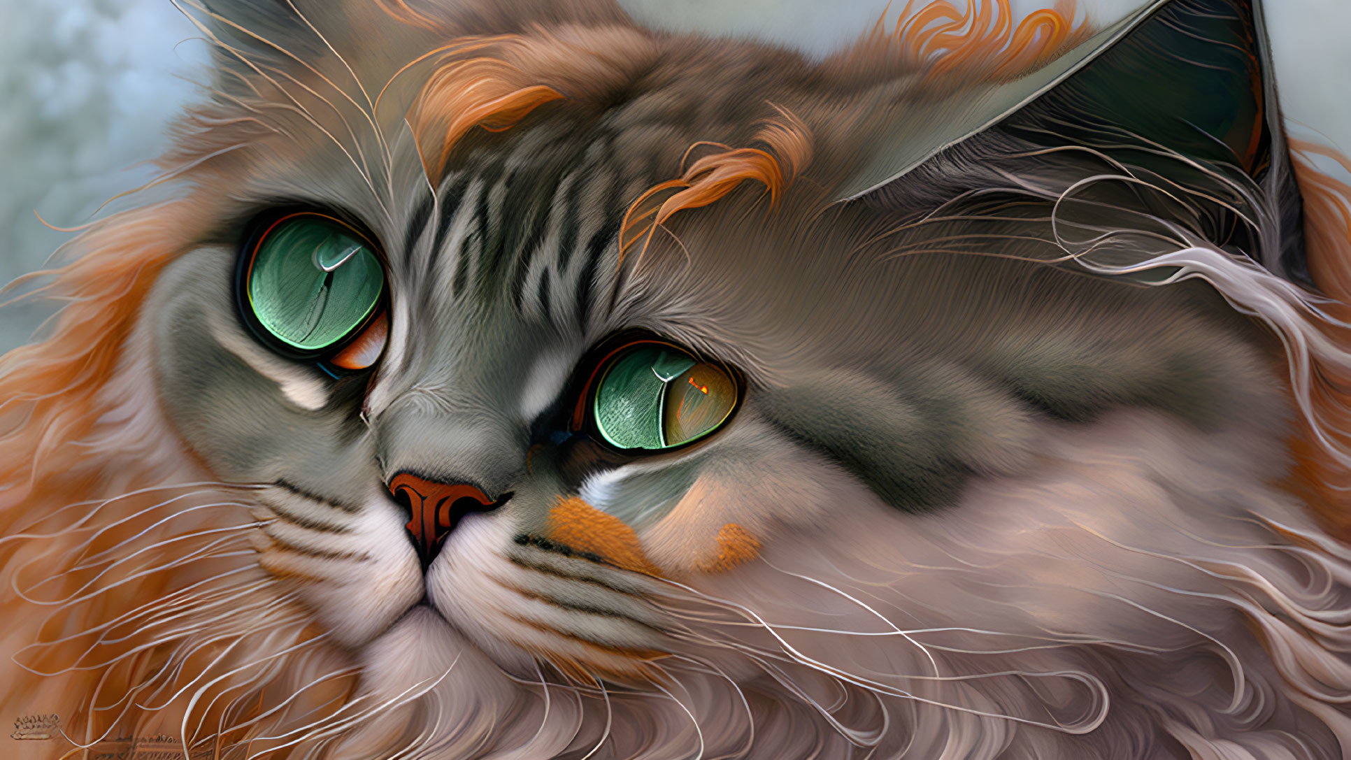 Detailed digital painting of orange and grey cat with green eyes