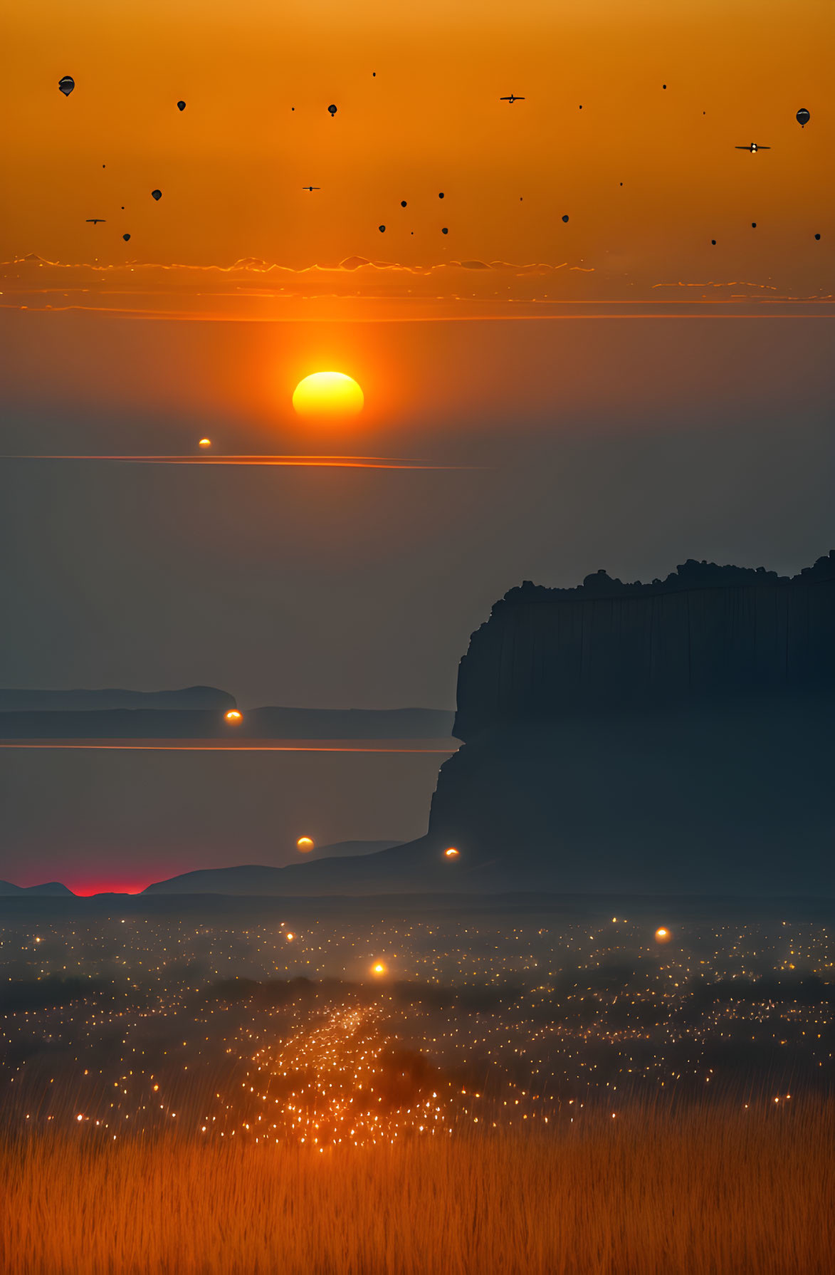 Tranquil sunset with multiple suns, cliff silhouette, field, and hot air balloons