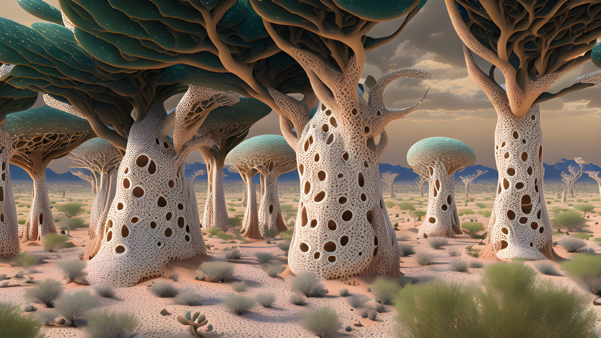 Fantastical surreal landscape with porous trees and teal canopies above desert vegetation