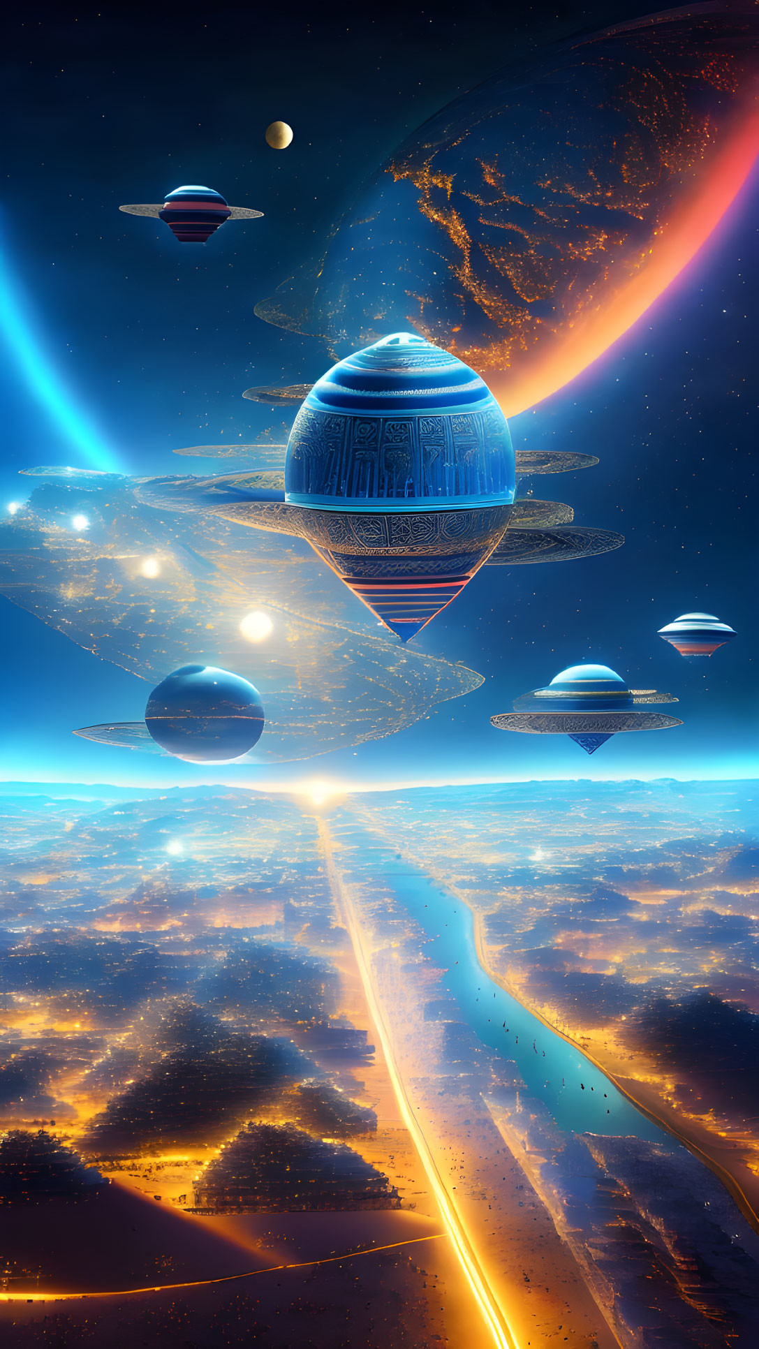 Futuristic sci-fi cityscape with glowing spacecraft and planets