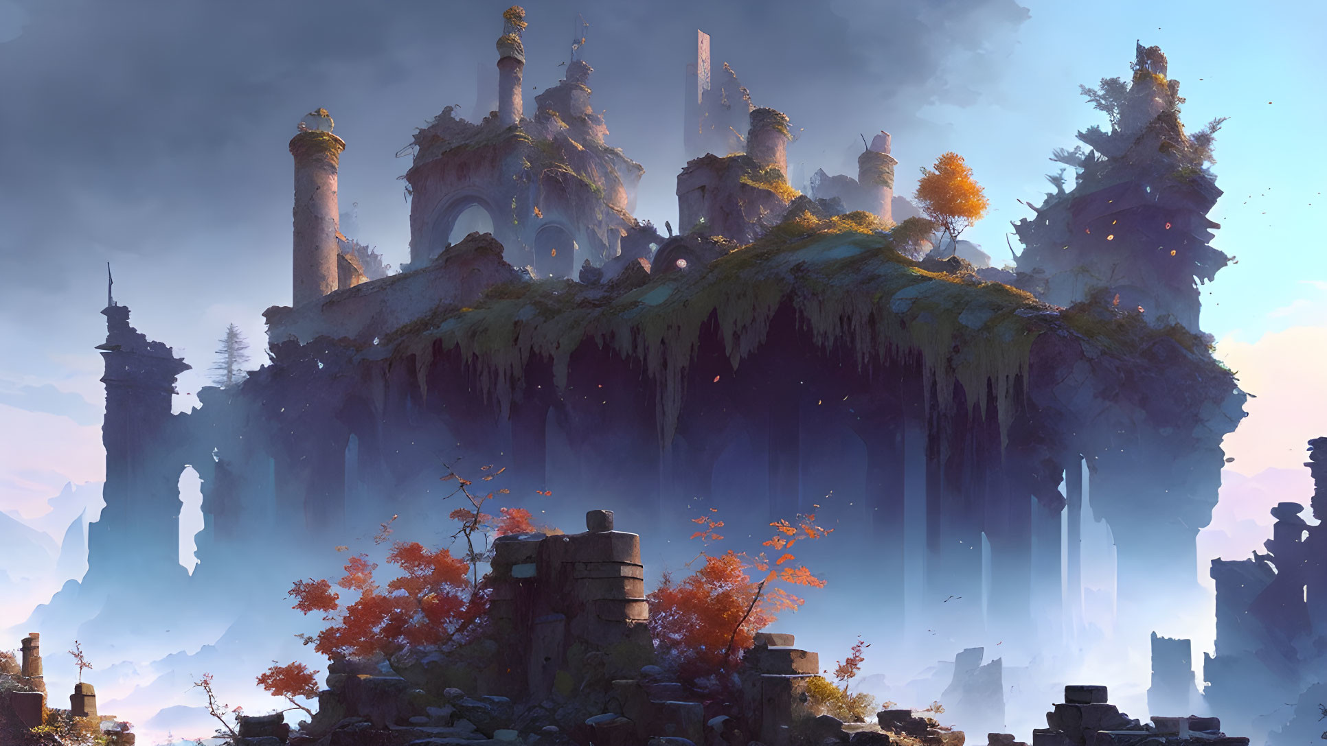 Fantastical Floating Island with Ancient Ruins in Autumn Setting