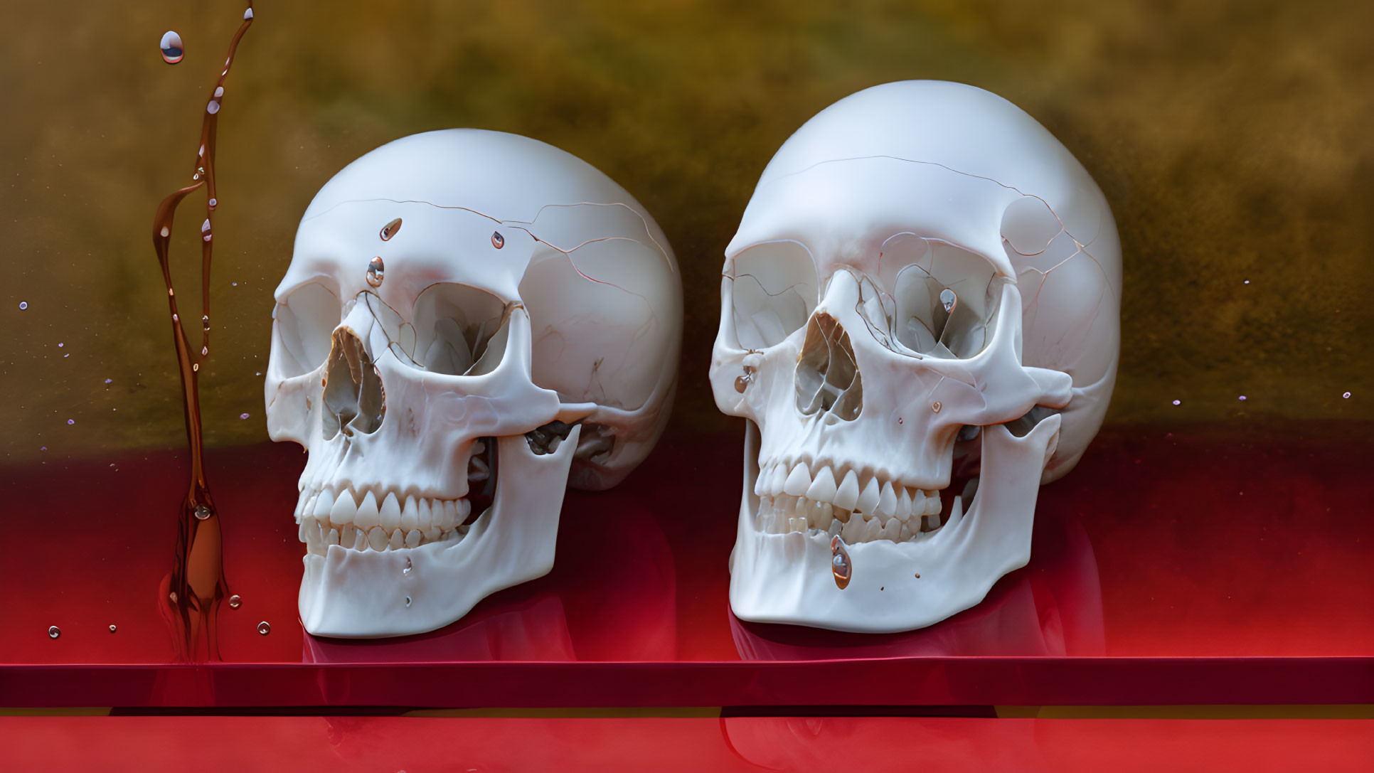 Human skulls in red liquid with splashing droplets.