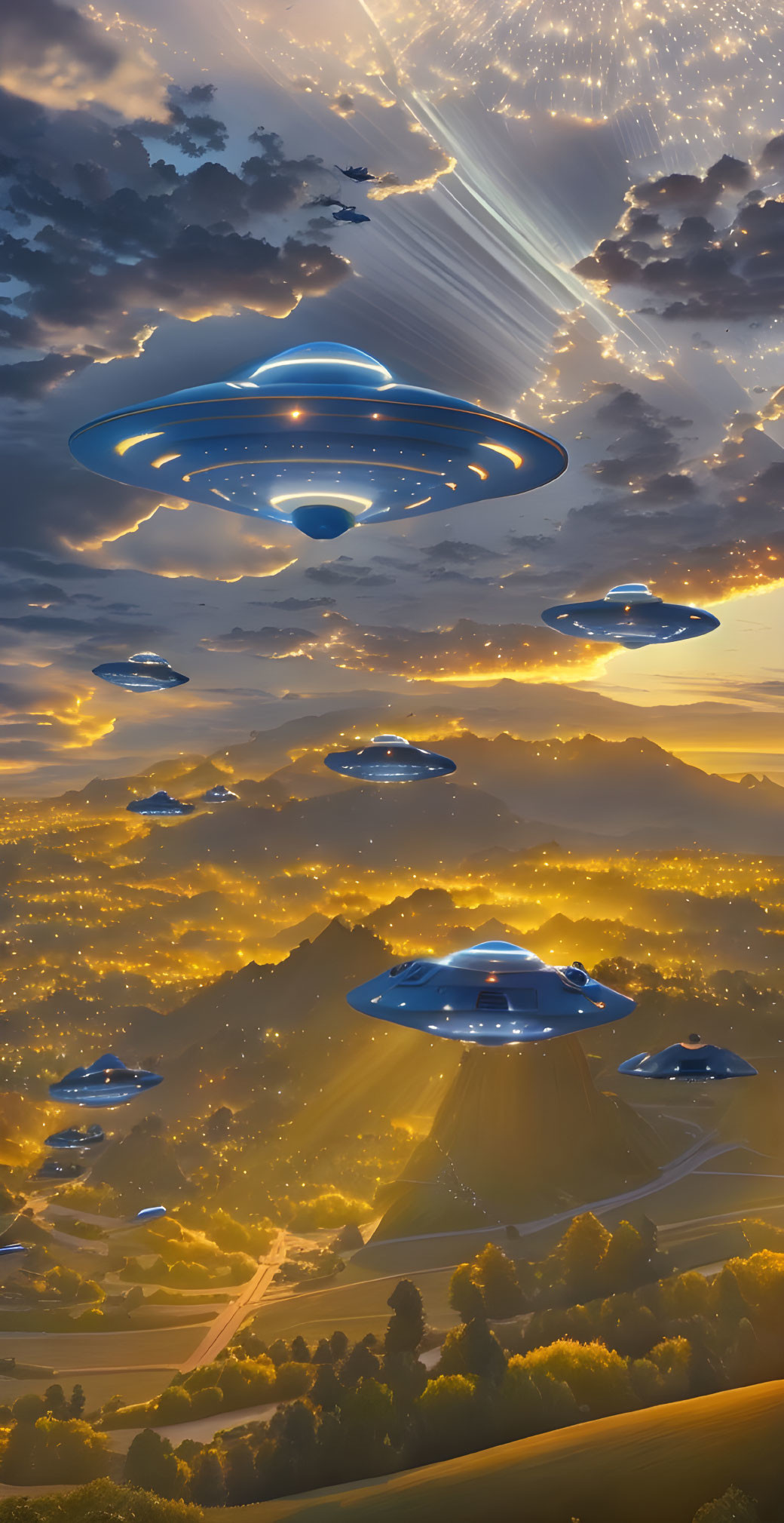 Digital artwork: UFOs over mountain landscape at sunset