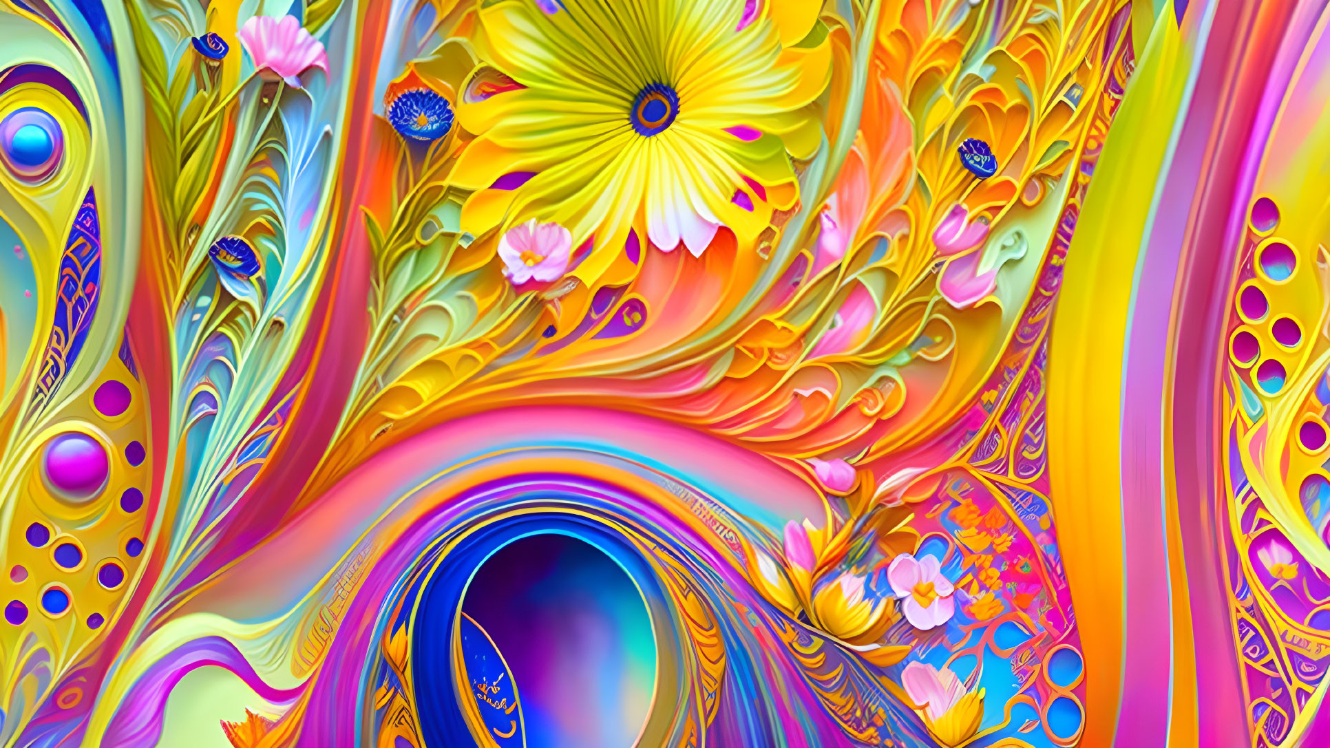 Colorful Psychedelic Digital Artwork with Swirling Patterns and Floral Elements