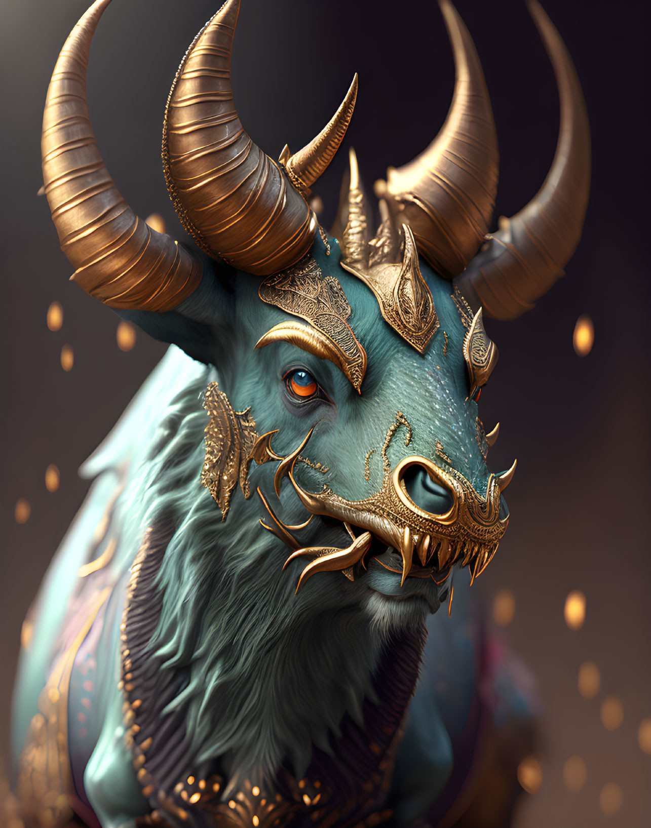 Blue dragon with curled horns and golden ornaments in a fantastical setting