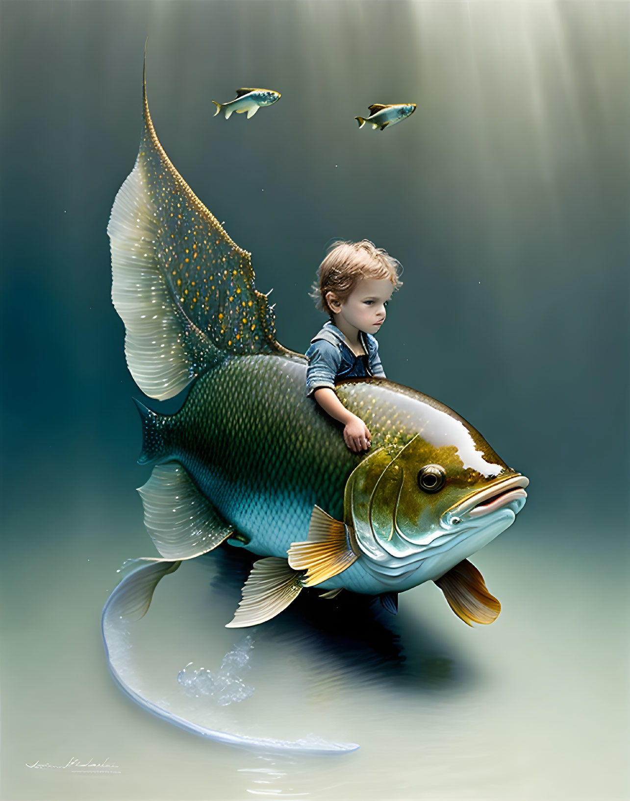 Toddler riding fantastical fish underwater with light and small fish.