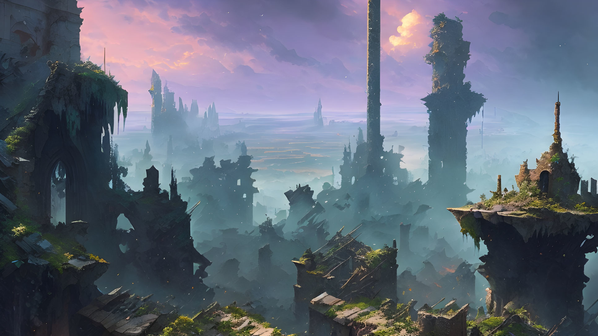 Mystical landscape with floating ruins and towering spires under colorful sky