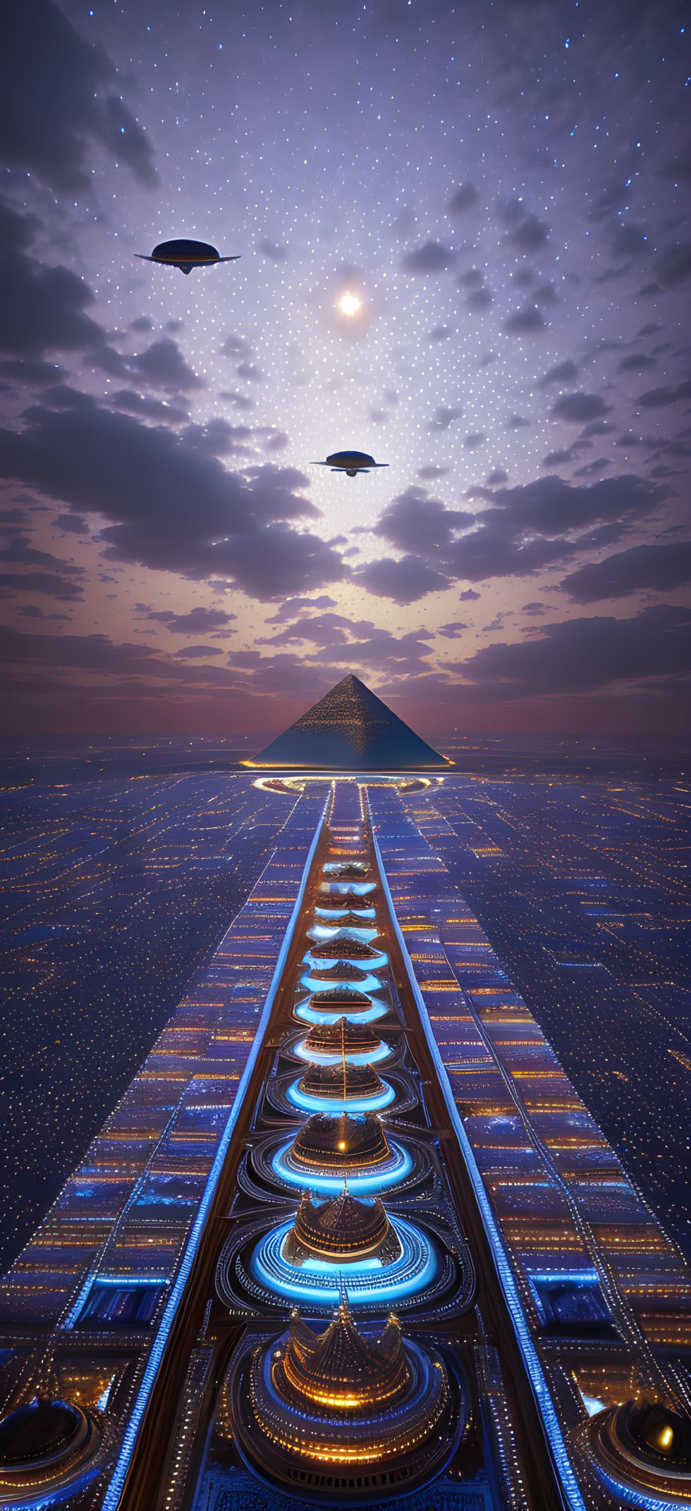 Futuristic illuminated pyramid under starry sky with flying objects