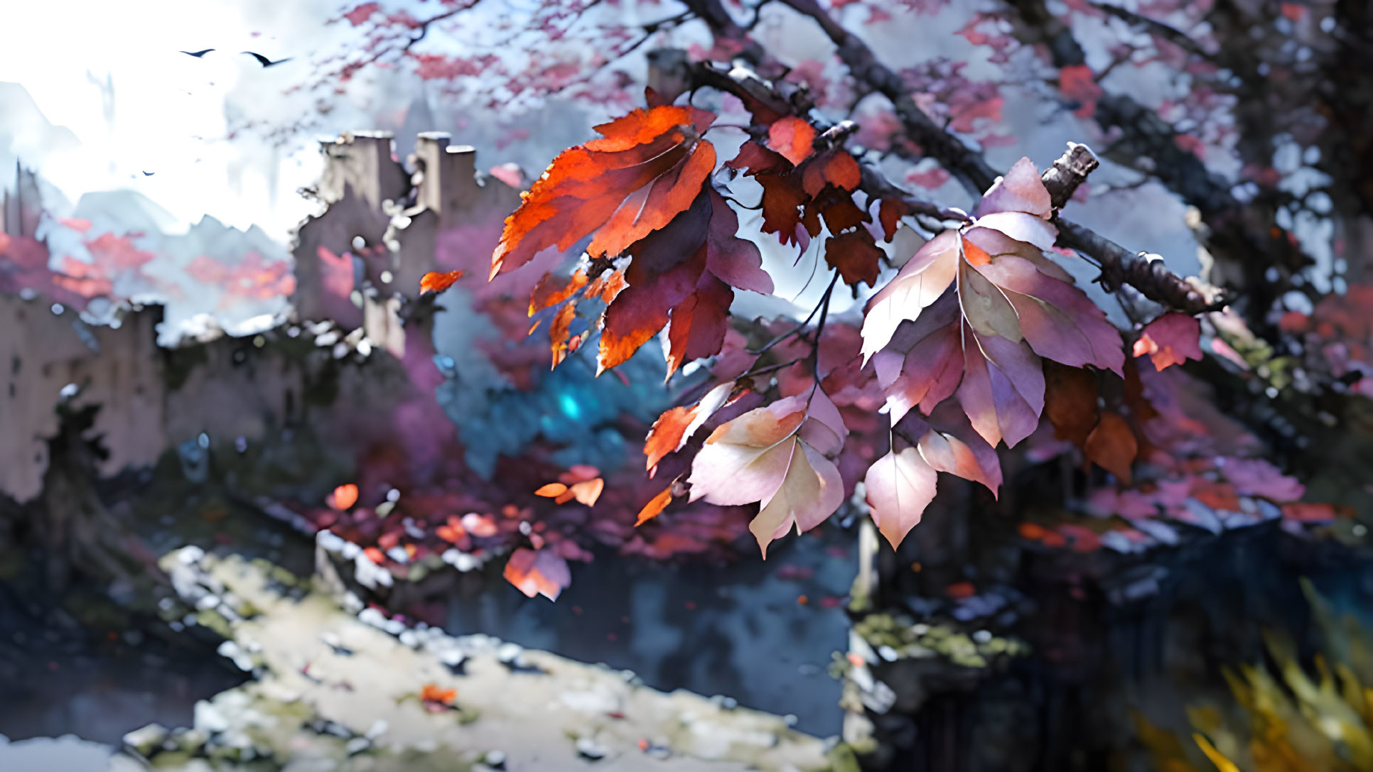 Autumn leaves foreground, abandoned cityscape background with overgrown nature.