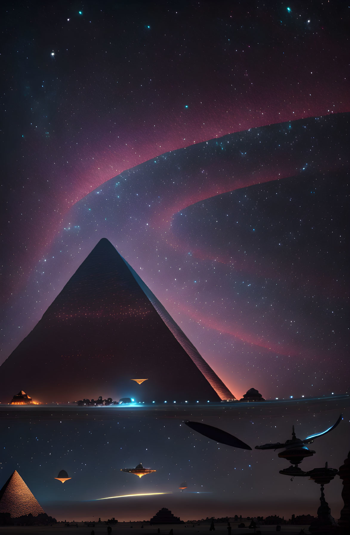 Great Pyramid Nightscape with Cosmic Phenomenon and Vibrant Stars