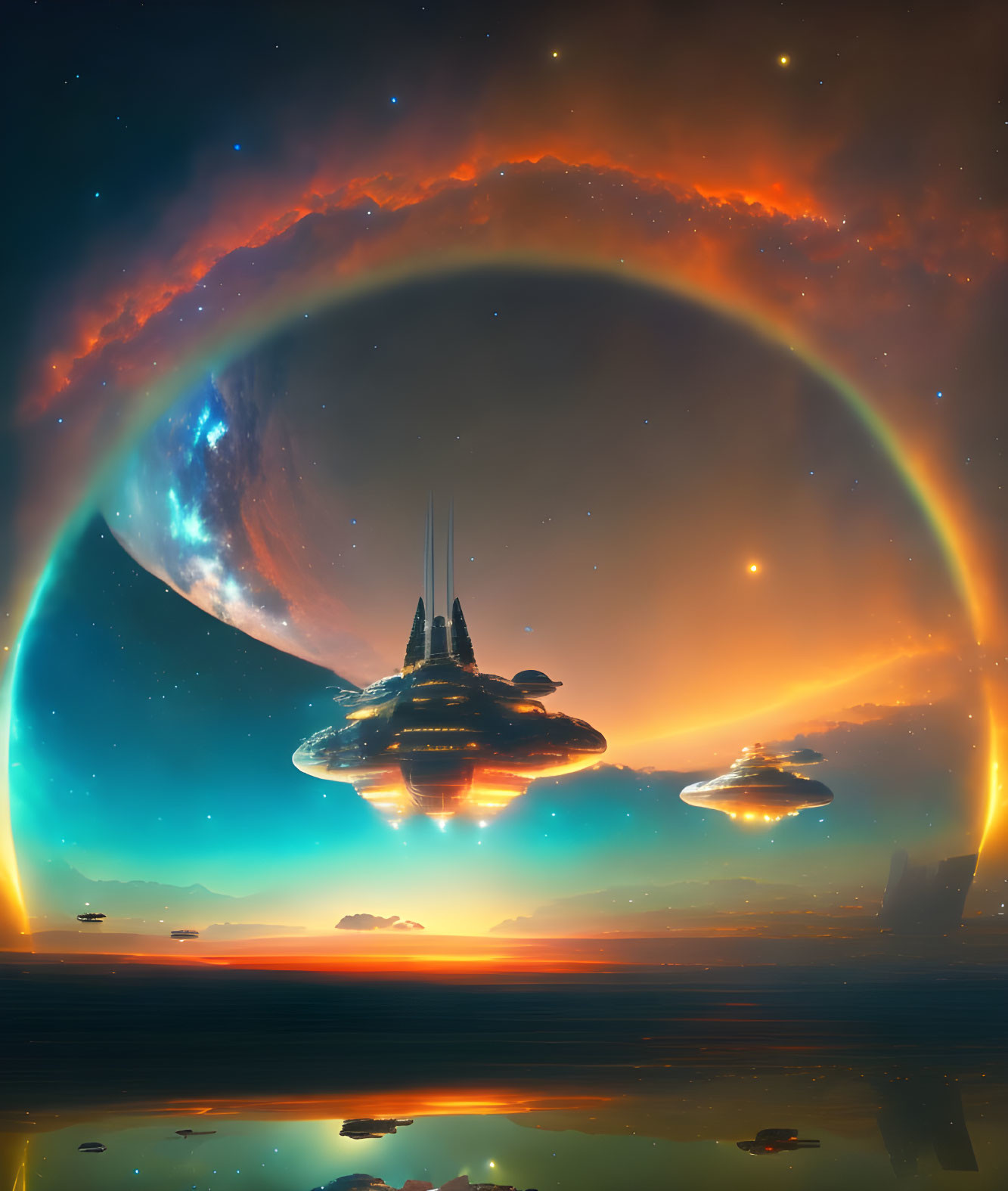 Futuristic landscape with rainbow aurora, floating structures, and reflective water