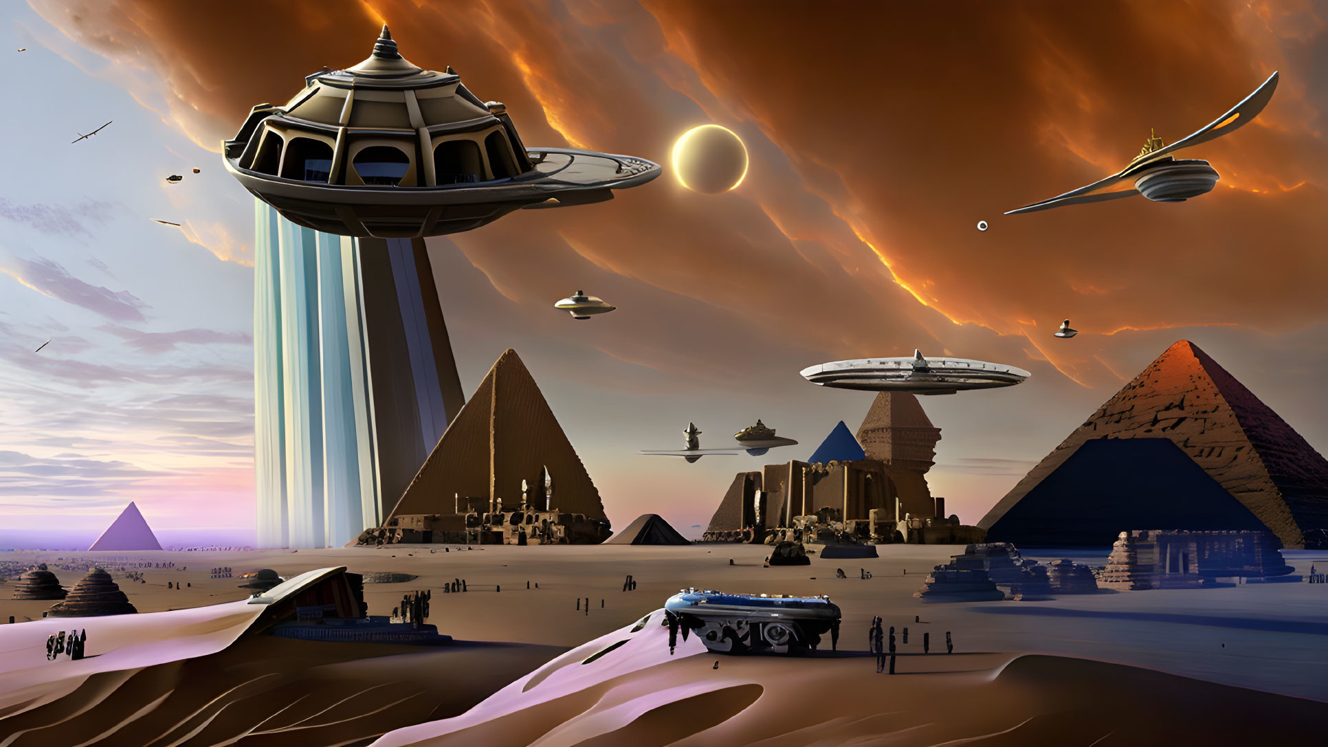 Futuristic desert landscape with pyramids, flying saucers, and orange sky