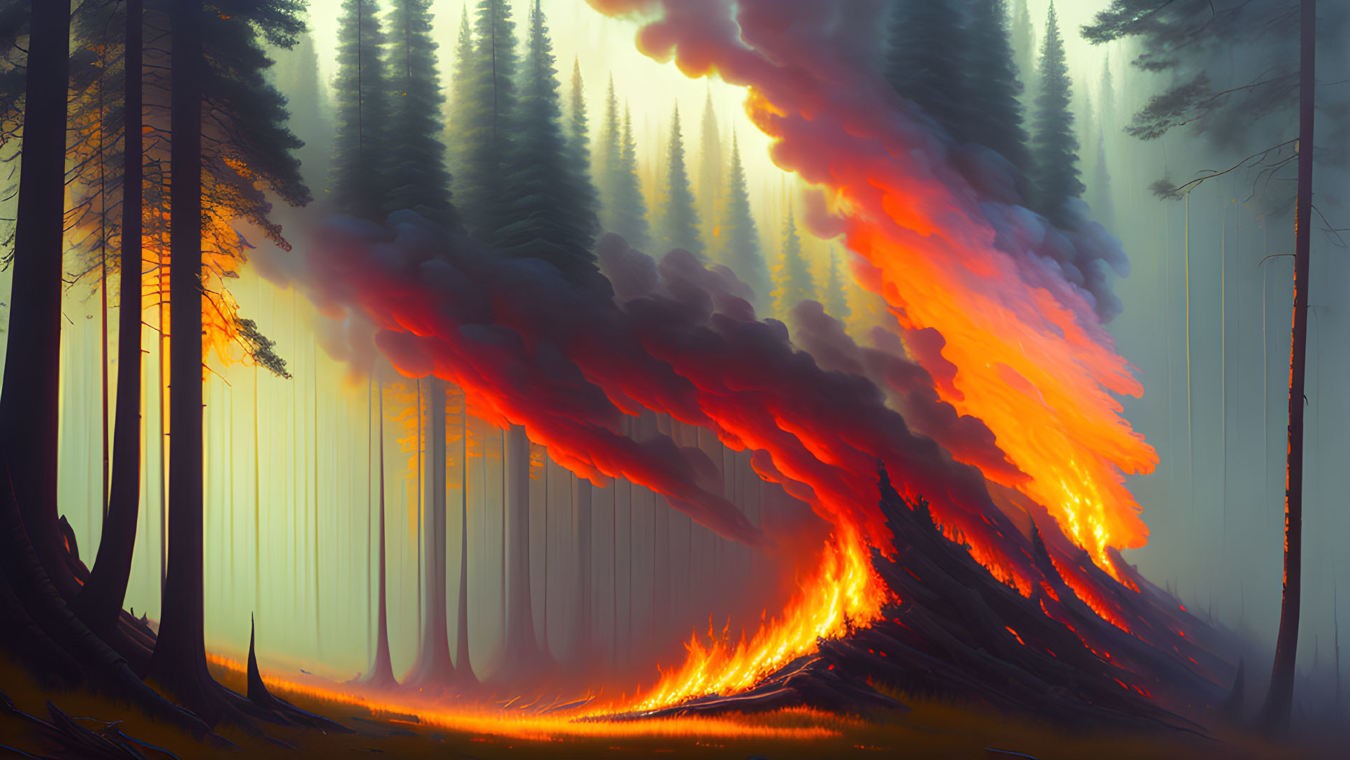 Forest fire illustration: Fiery orange flames and thick smoke in mystical forest