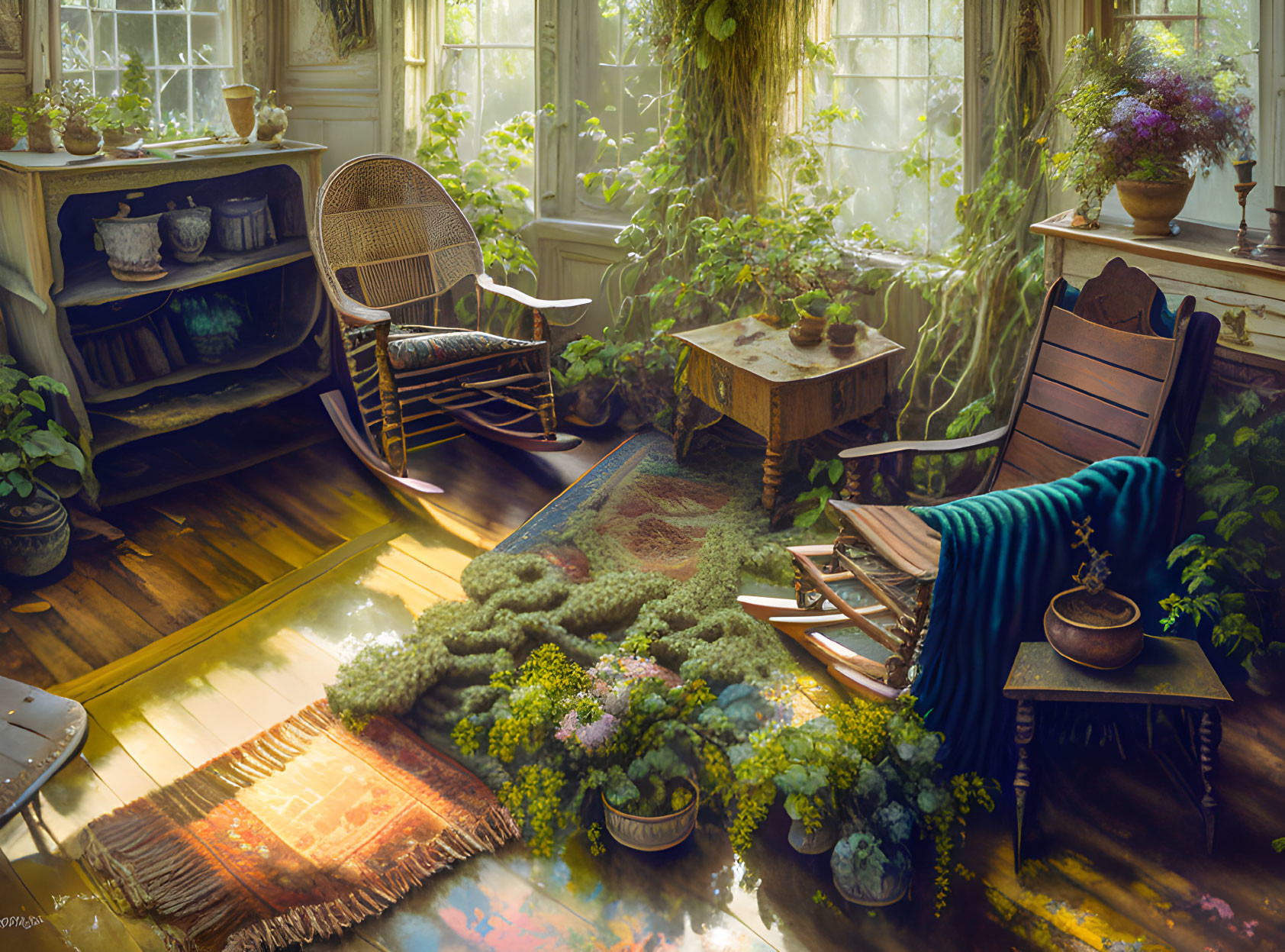 Sunlit Room with Plants, Rocking Chair, Wooden Furniture, and Throw Blankets