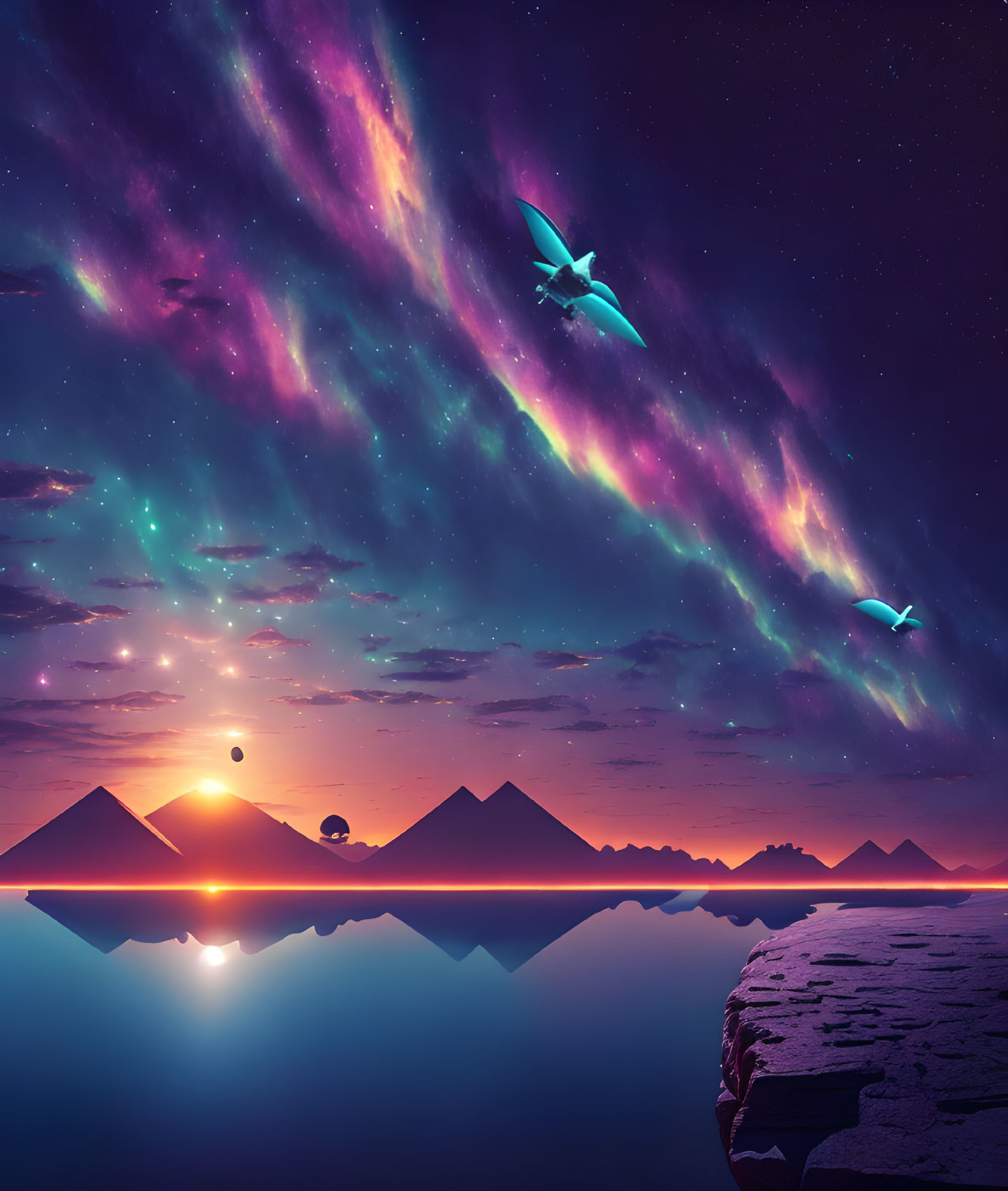 Colorful aurora over pyramids, reflecting in water, with birds, sunset, and twilight stars