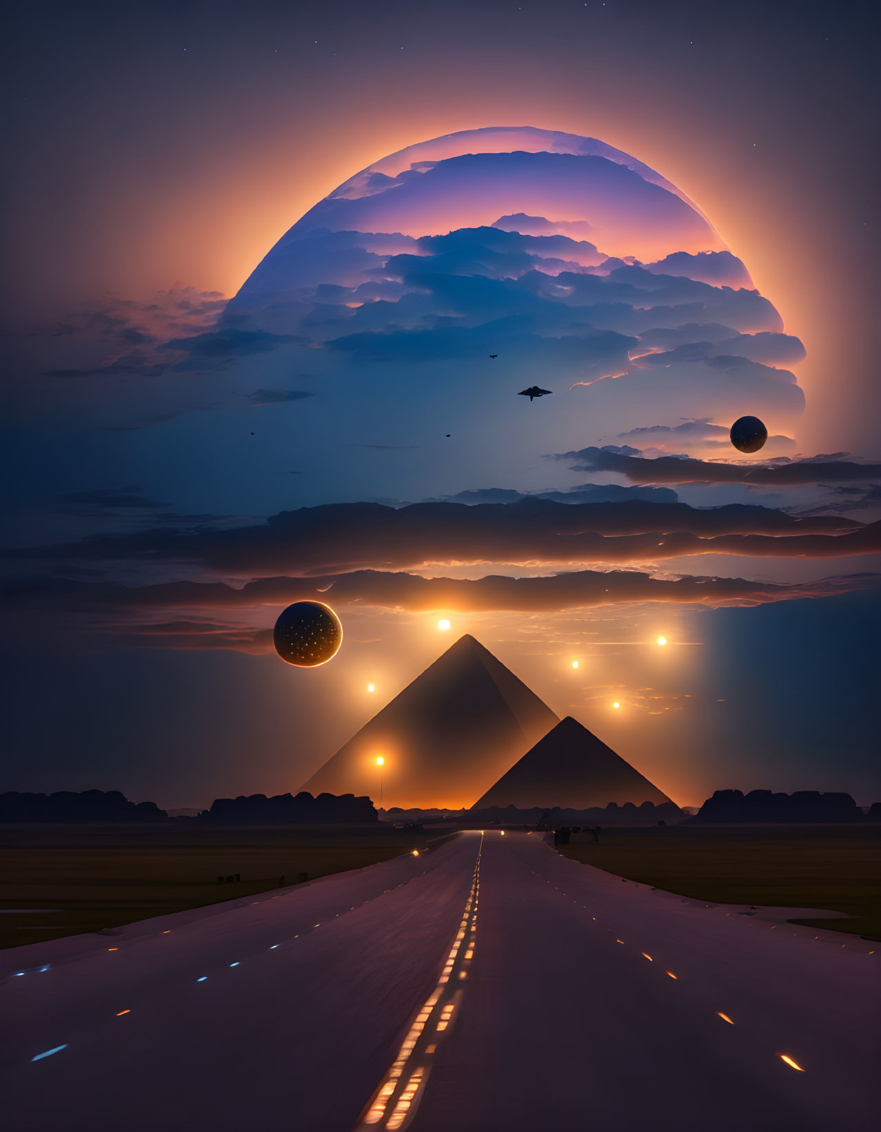 Surreal landscape with pyramids, oversized moon, bird, and floating orbs at sunset