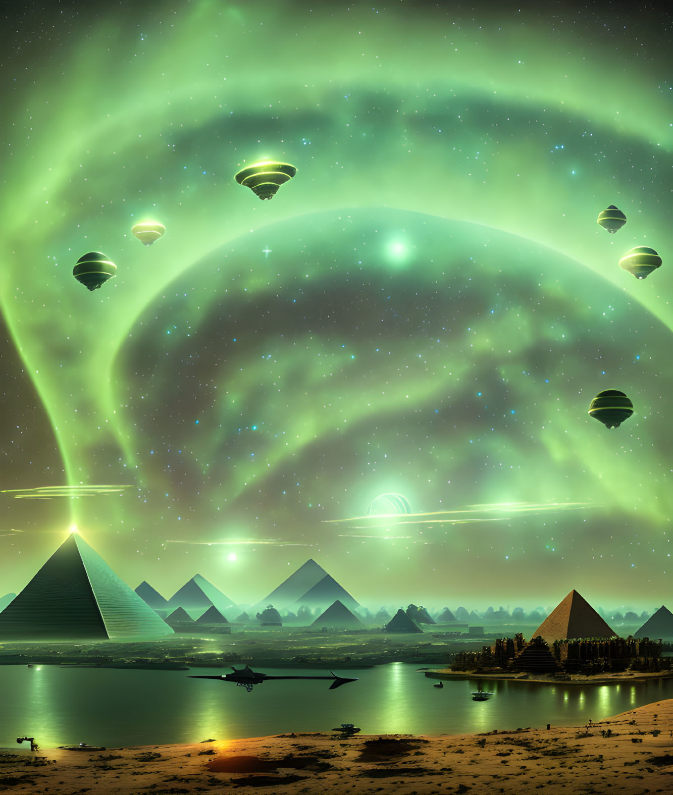 Pyramids and Nile River under starry sky with aurora and hot air balloons