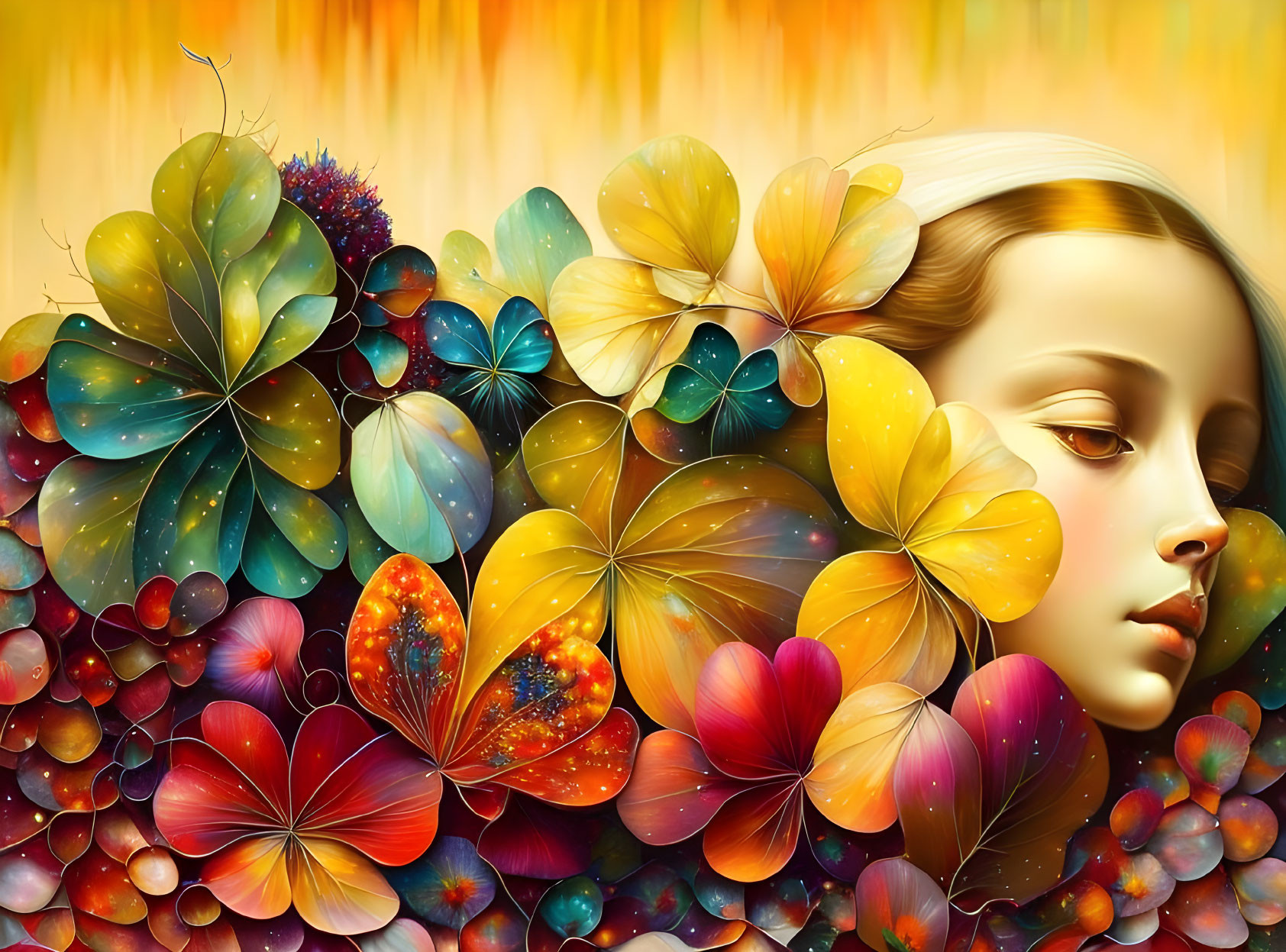 Girl surrounded by vibrant flowers and leaves: Surreal composition