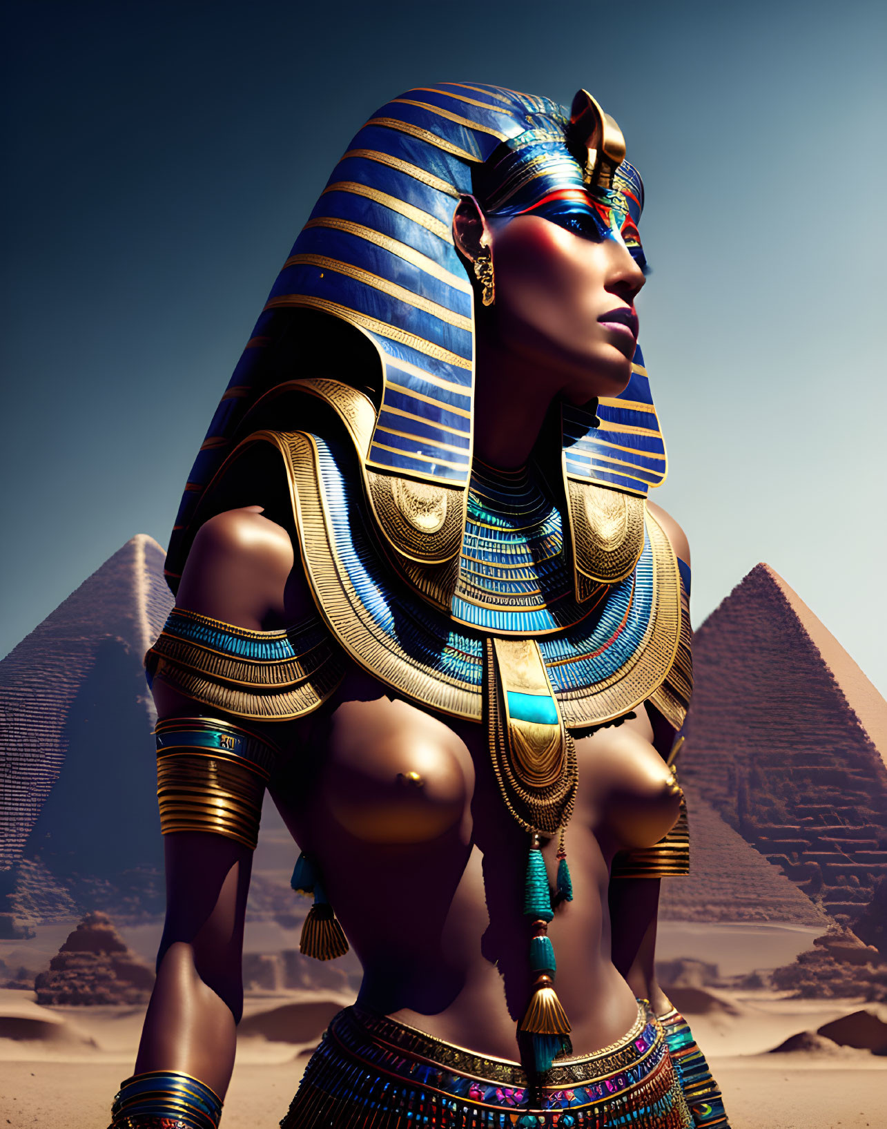 Ancient Egyptian queen digital artwork with pyramids in background