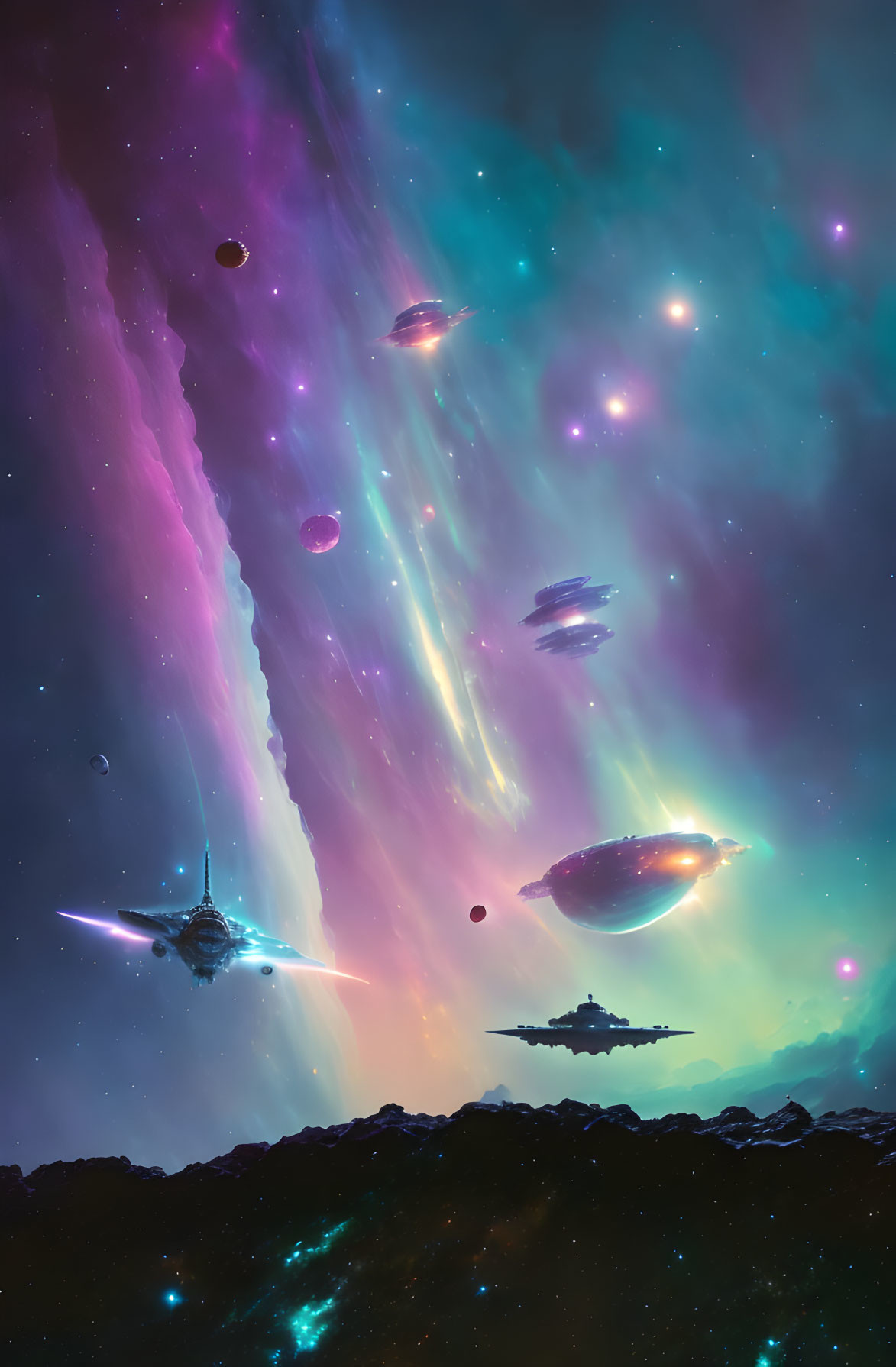 Colorful cosmic scene with spaceships and celestial bodies in vibrant nebulas