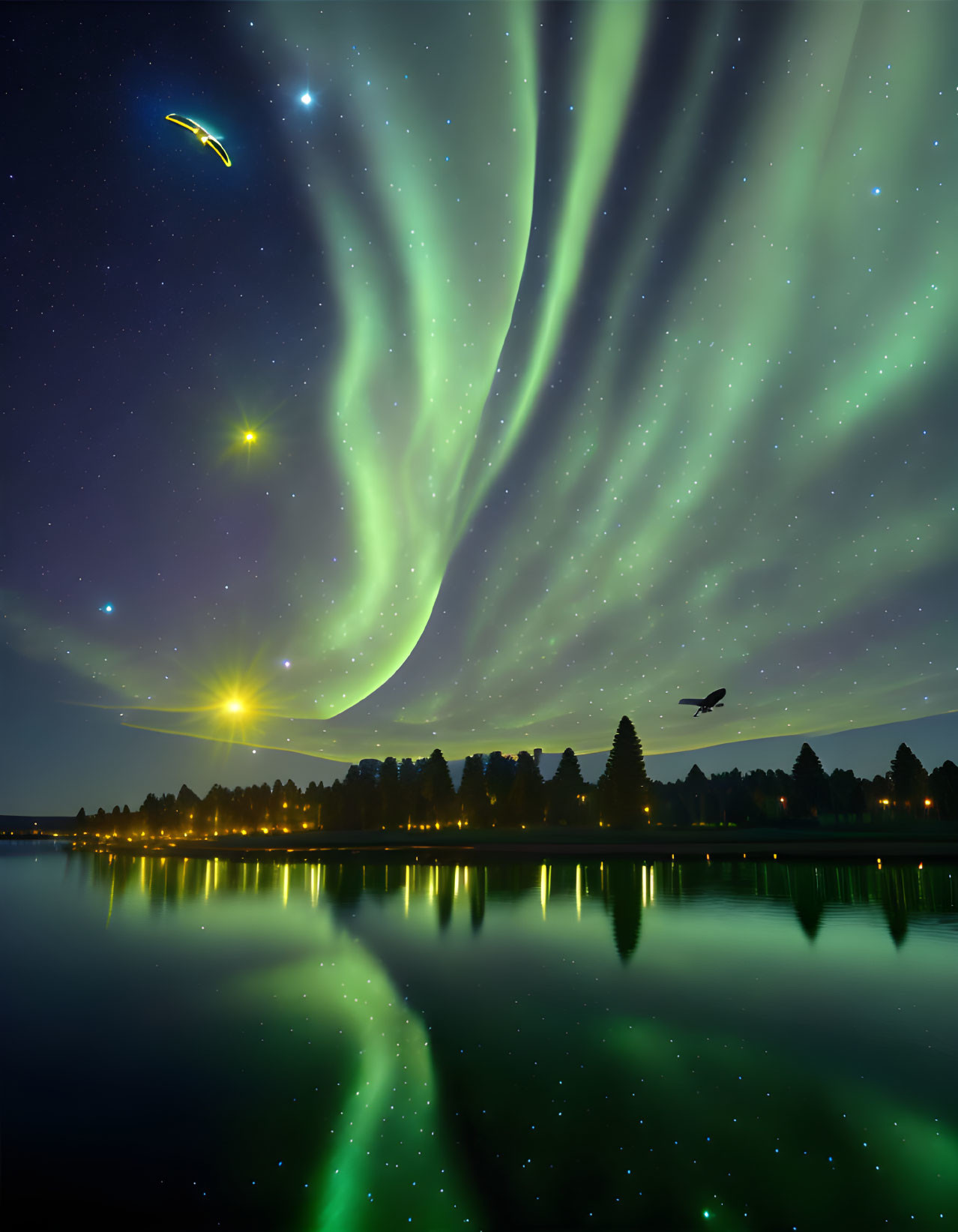 Night landscape with aurora borealis, lake reflection, stars, and flying plane