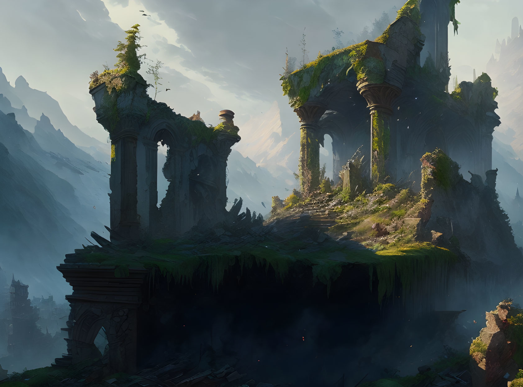 Ancient ruin surrounded by overgrown vegetation and mountains