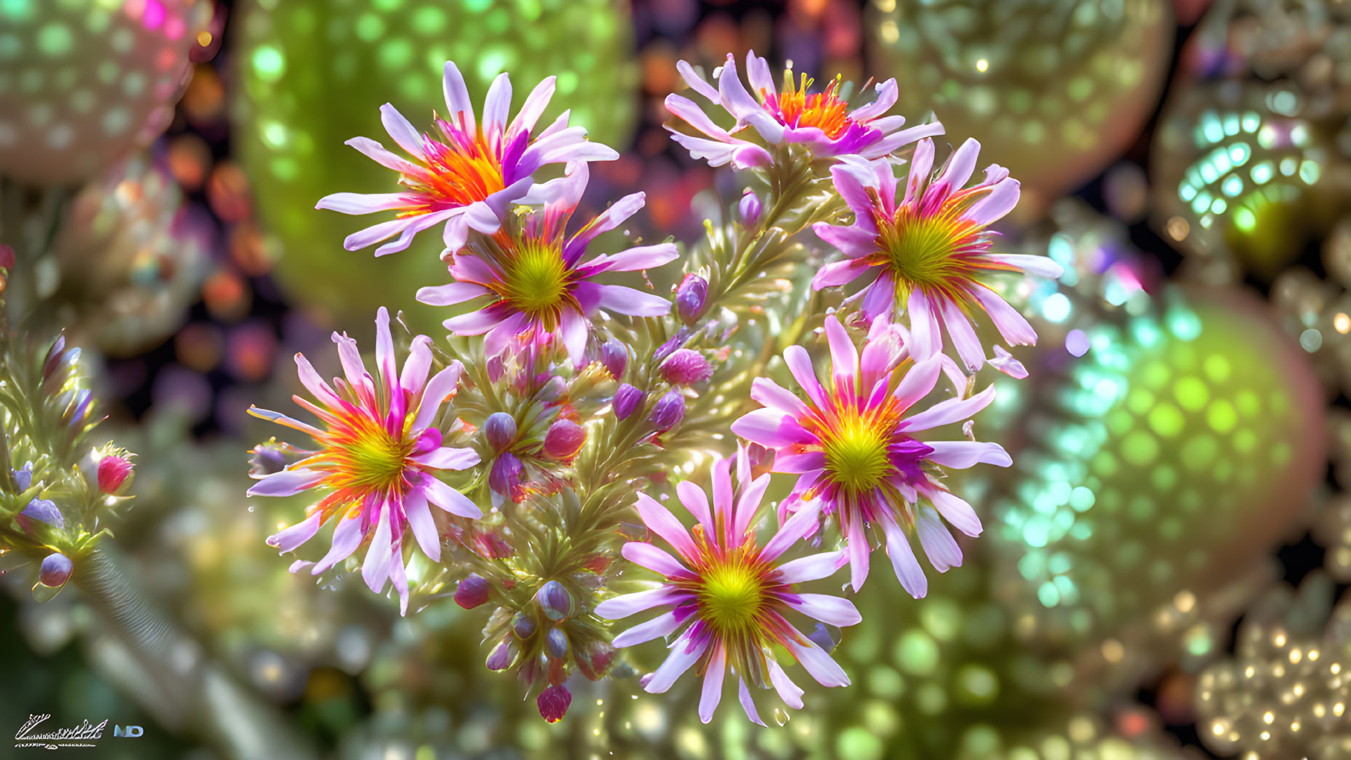 Pink and White Flowers with Yellow Centers on Bokeh Background