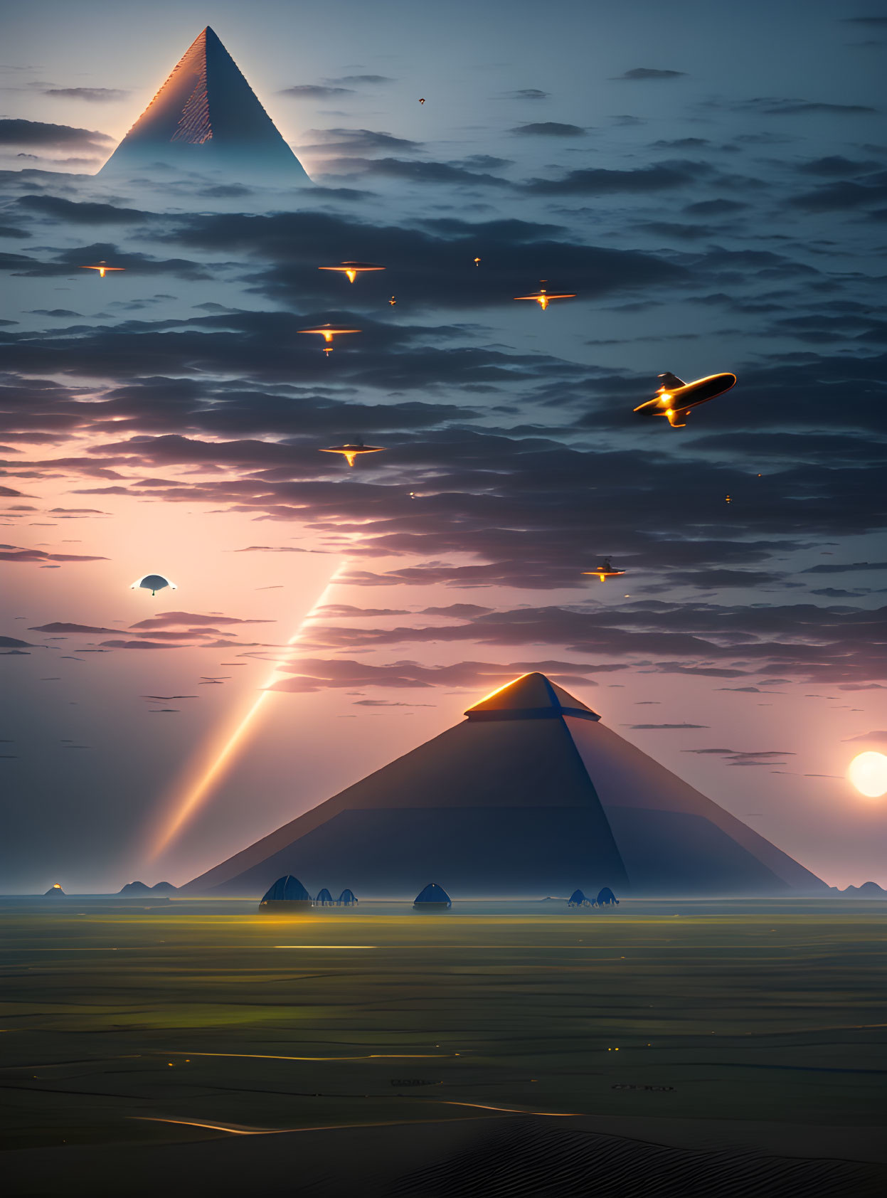 Futuristic pyramid emitting beam in dusk sky with flying crafts