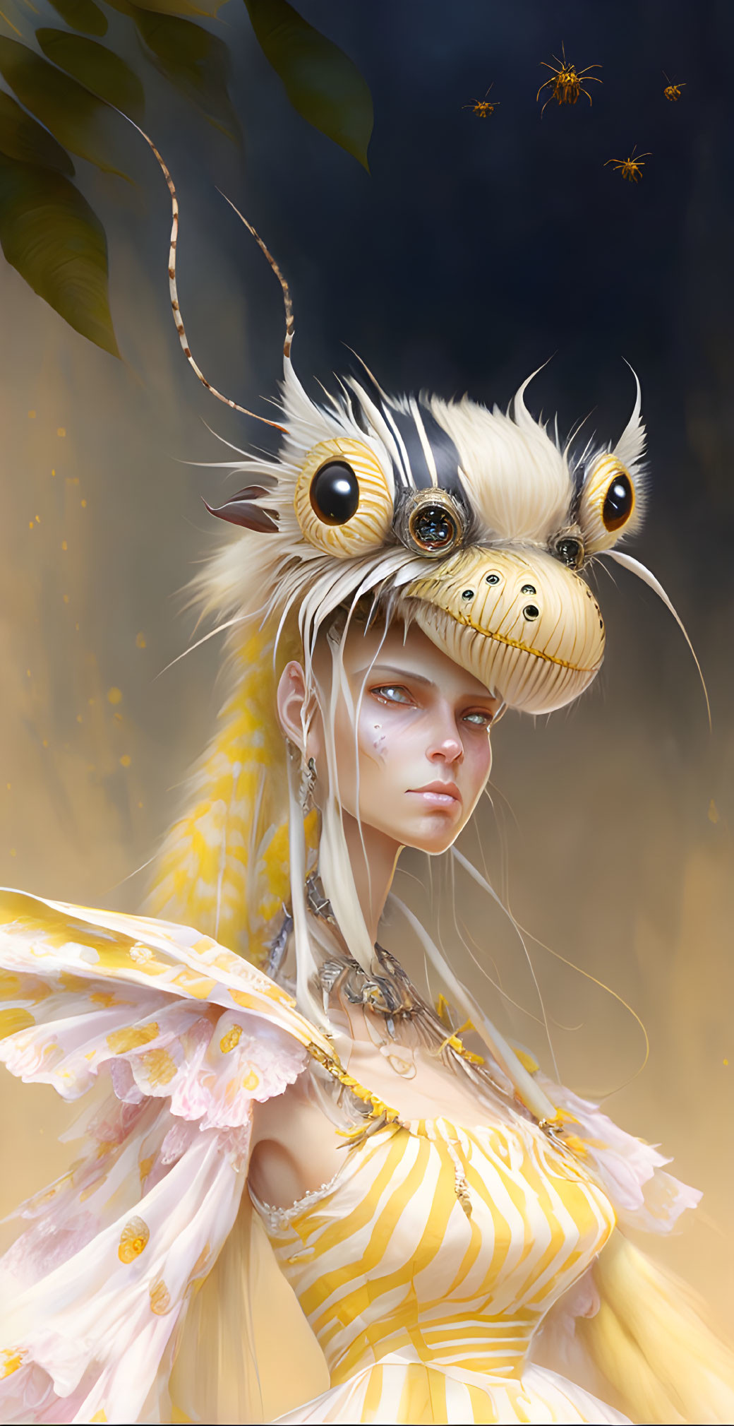 Woman in Yellow Fantastical Outfit with Three-Eyed Headdress and Golden Orbs