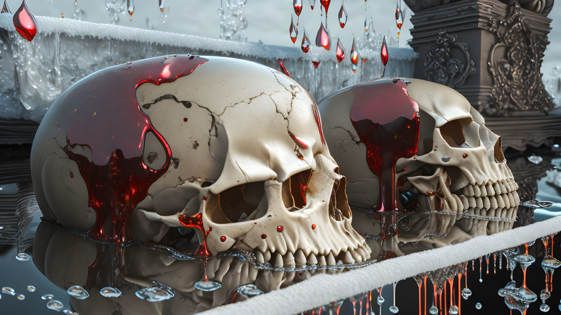 Glossy skulls with red liquid on reflective surface amid classical architecture.